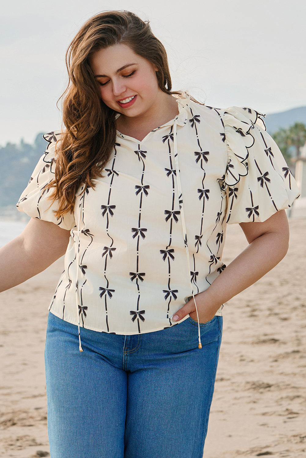 Bow Printed Ruffled Lace-up Notched Neck Plus Size Blouse