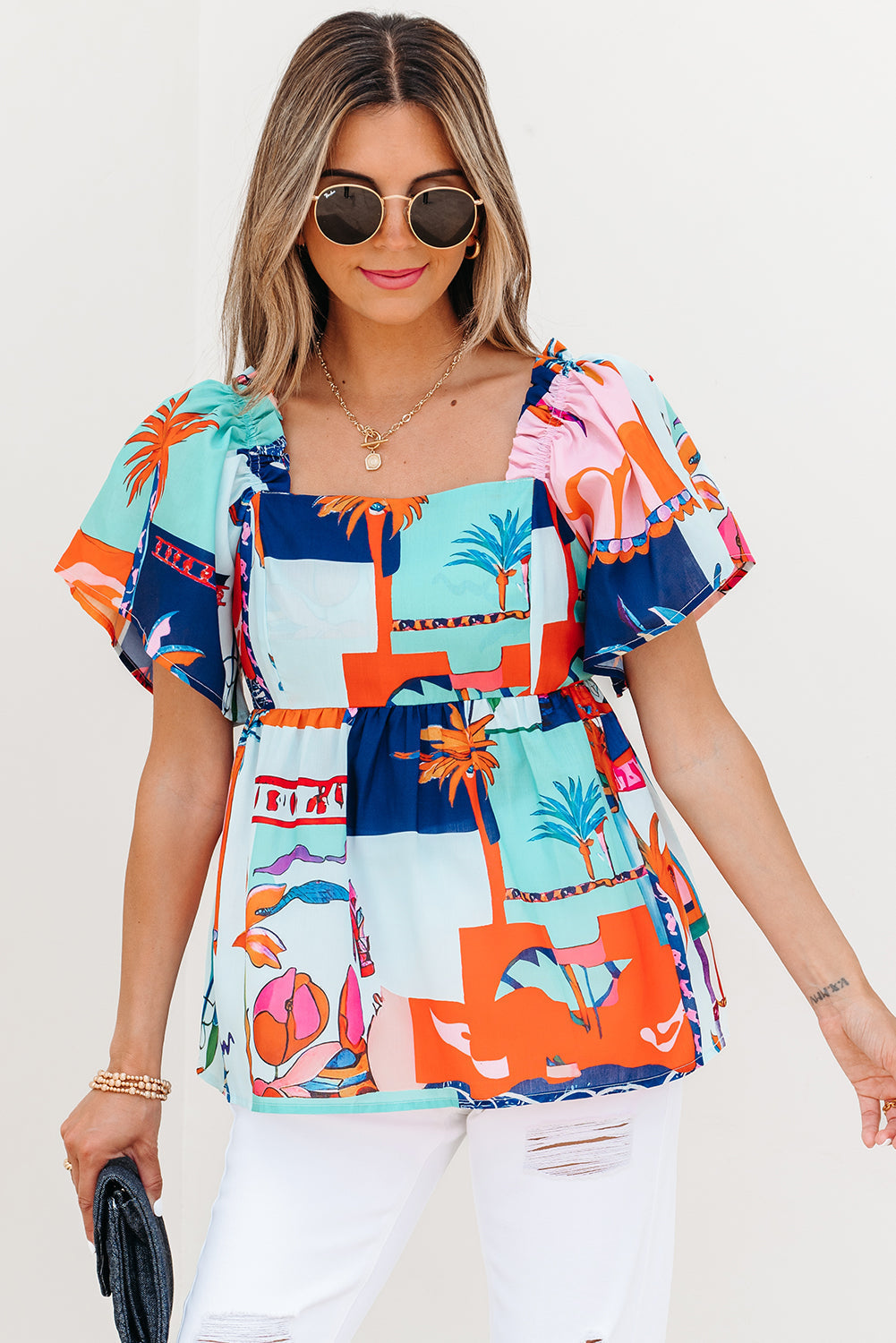 Square Tropical Printed Neck Flutter Sleeve Babydoll Blouse