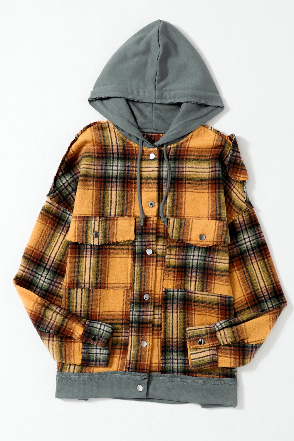Women's Jacket with Plaid Hooded Frayed Snap