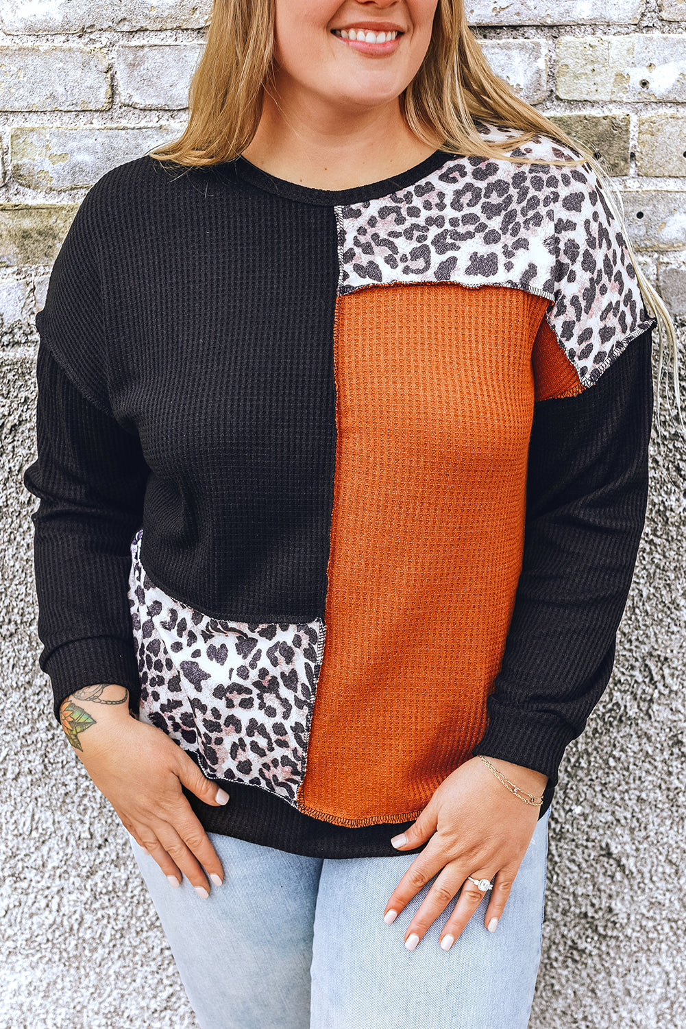 Women's Plus Size Patchwork Waffle Knitted Top