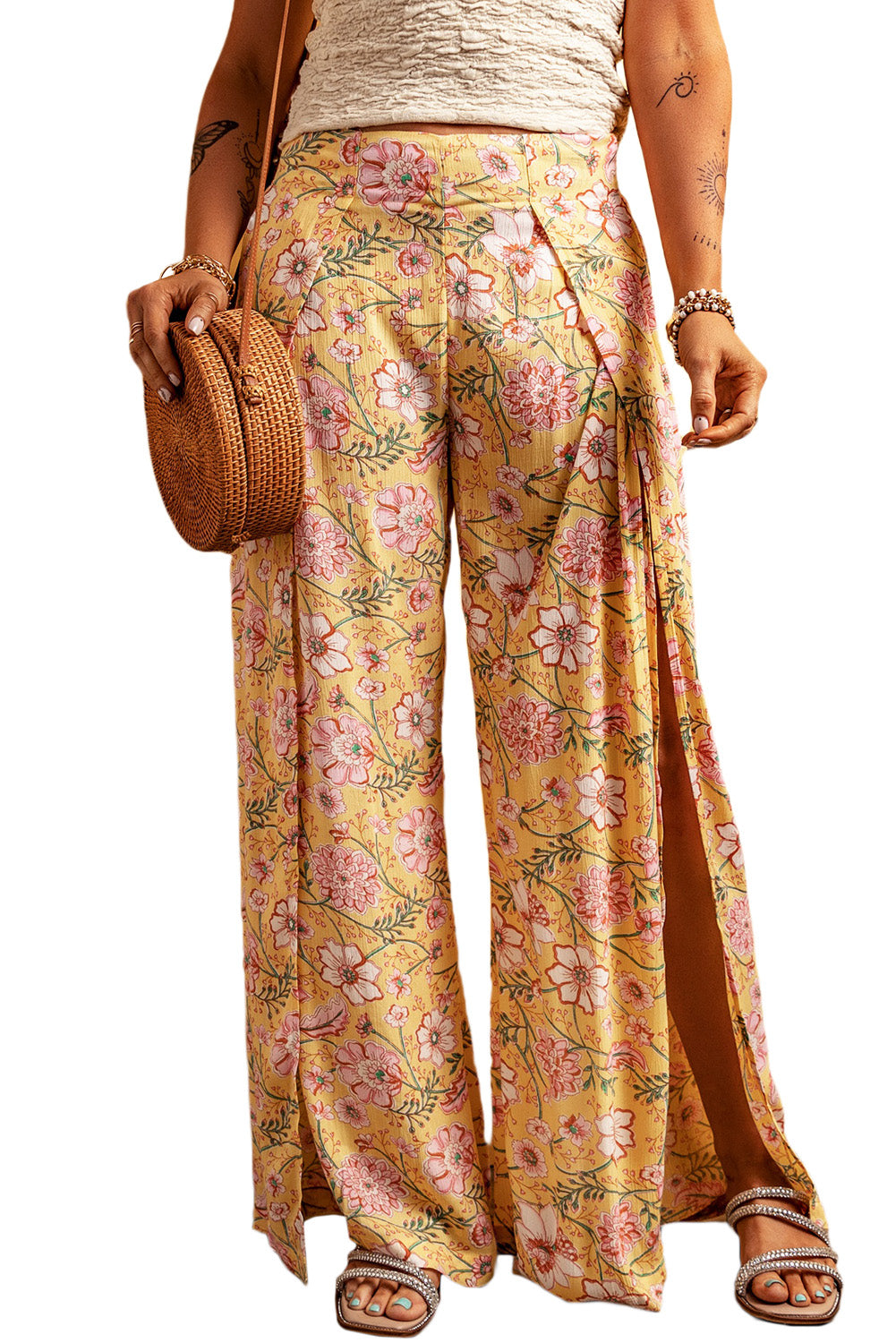 Women's Leg Pants with Print High Slit Wide Floral-Print