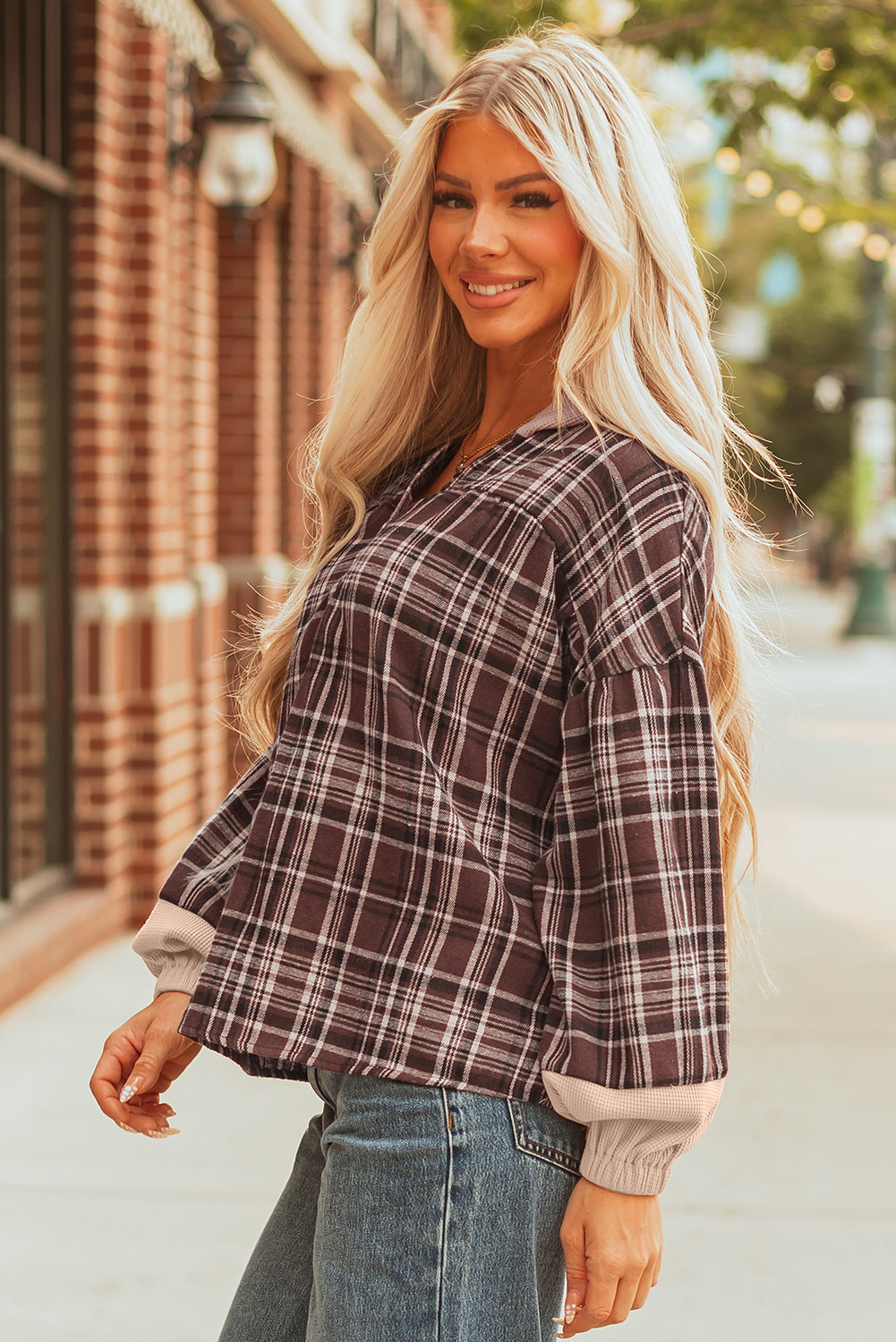 Long-Sleeved Plaid Patchwork Button Hooded Blouse