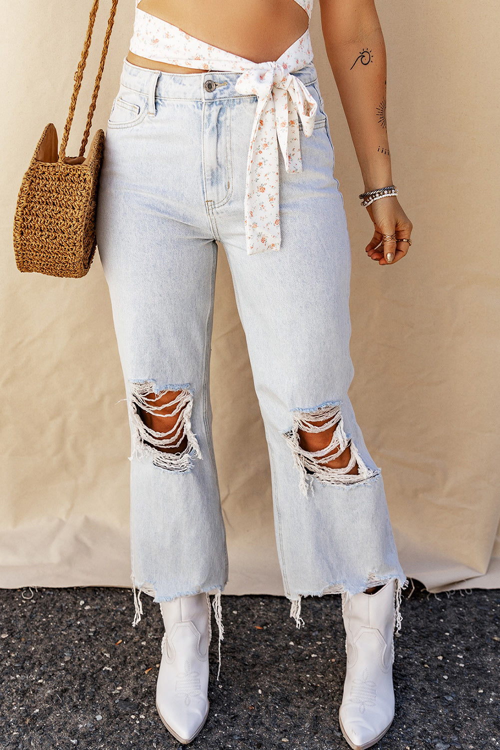 Women's Jeans with Ripped Frayed Straight High Rise