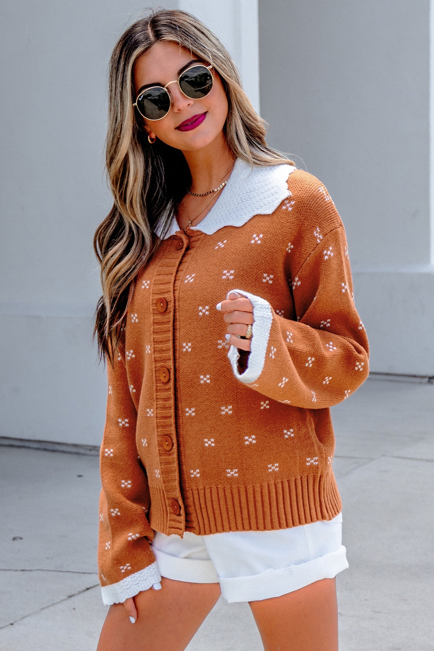 Peter Colorblock Pan Collar Long-Sleeved Knitwear Cardigan in Orange