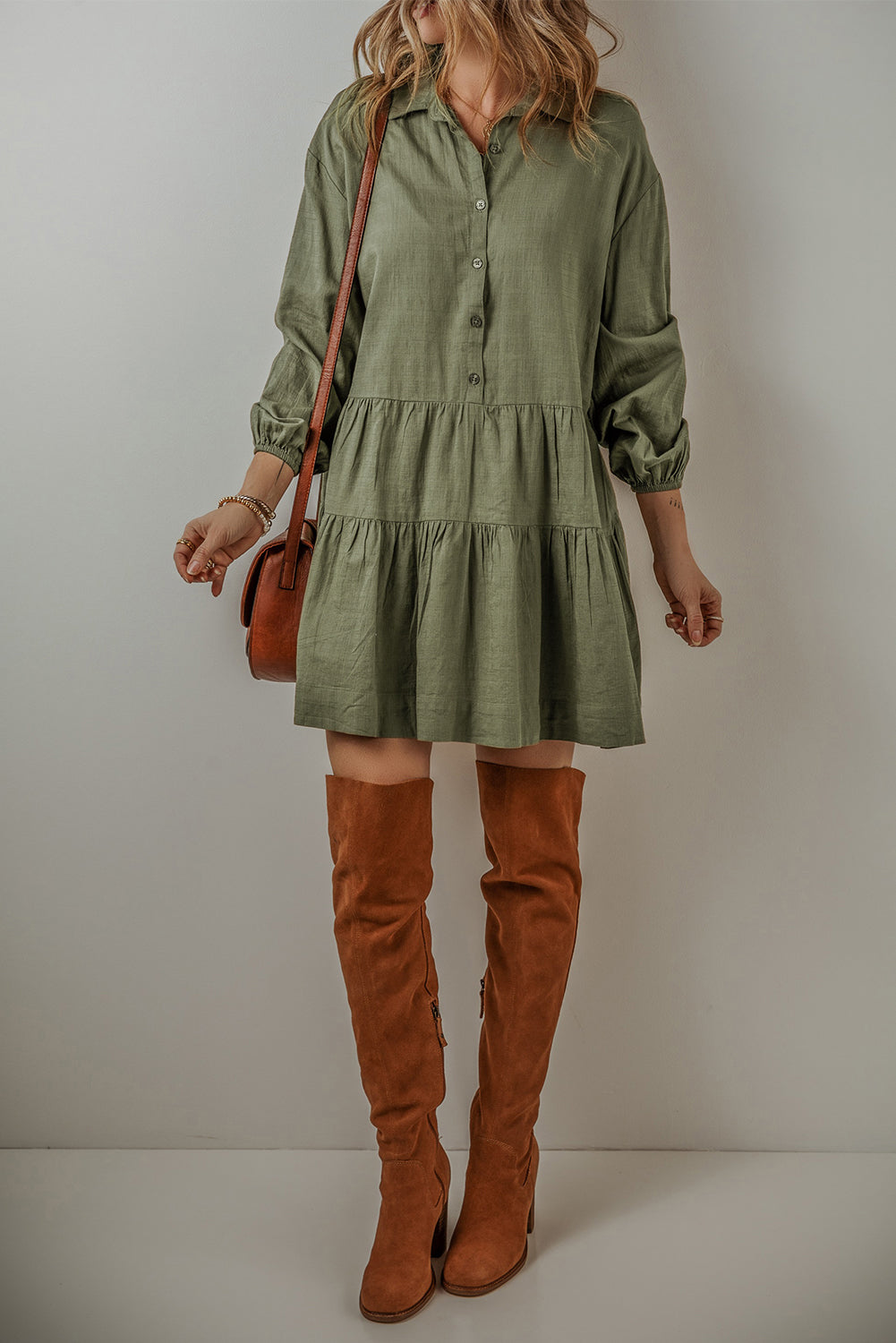 Women's Mini Dress Featuring Shirt Layered Pleat-Detail
