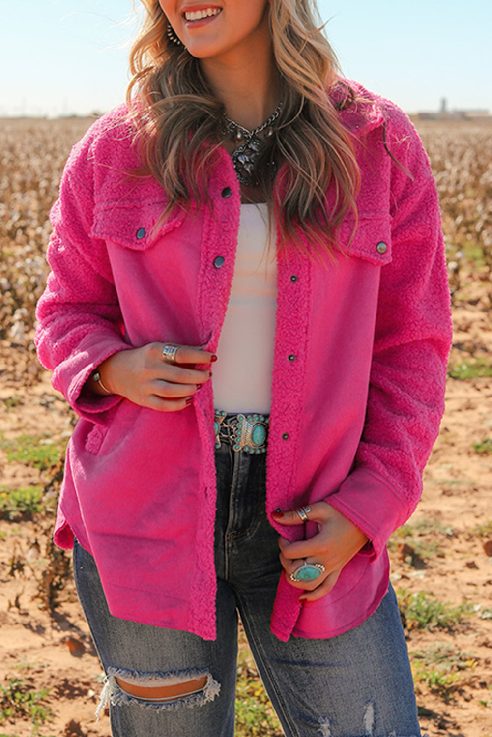 Women's Shacket Featuring Button Faux Suede
