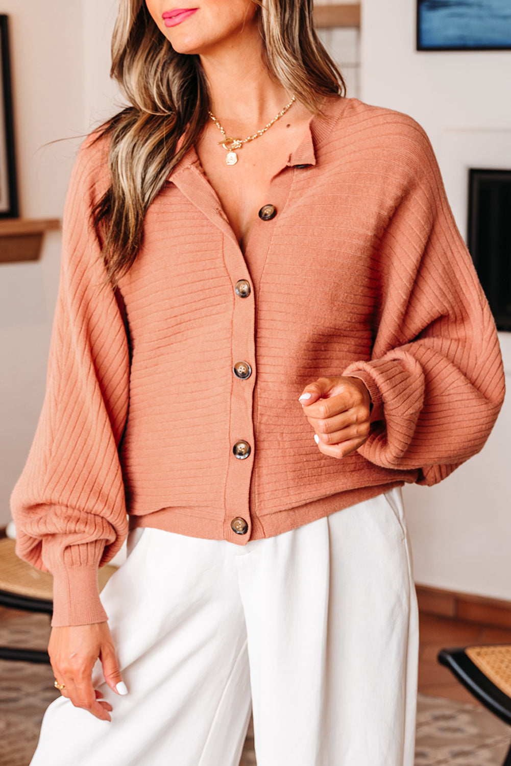 Button Wide Rib-Knit Front Dolman Sleeve Cardigan Knit Top