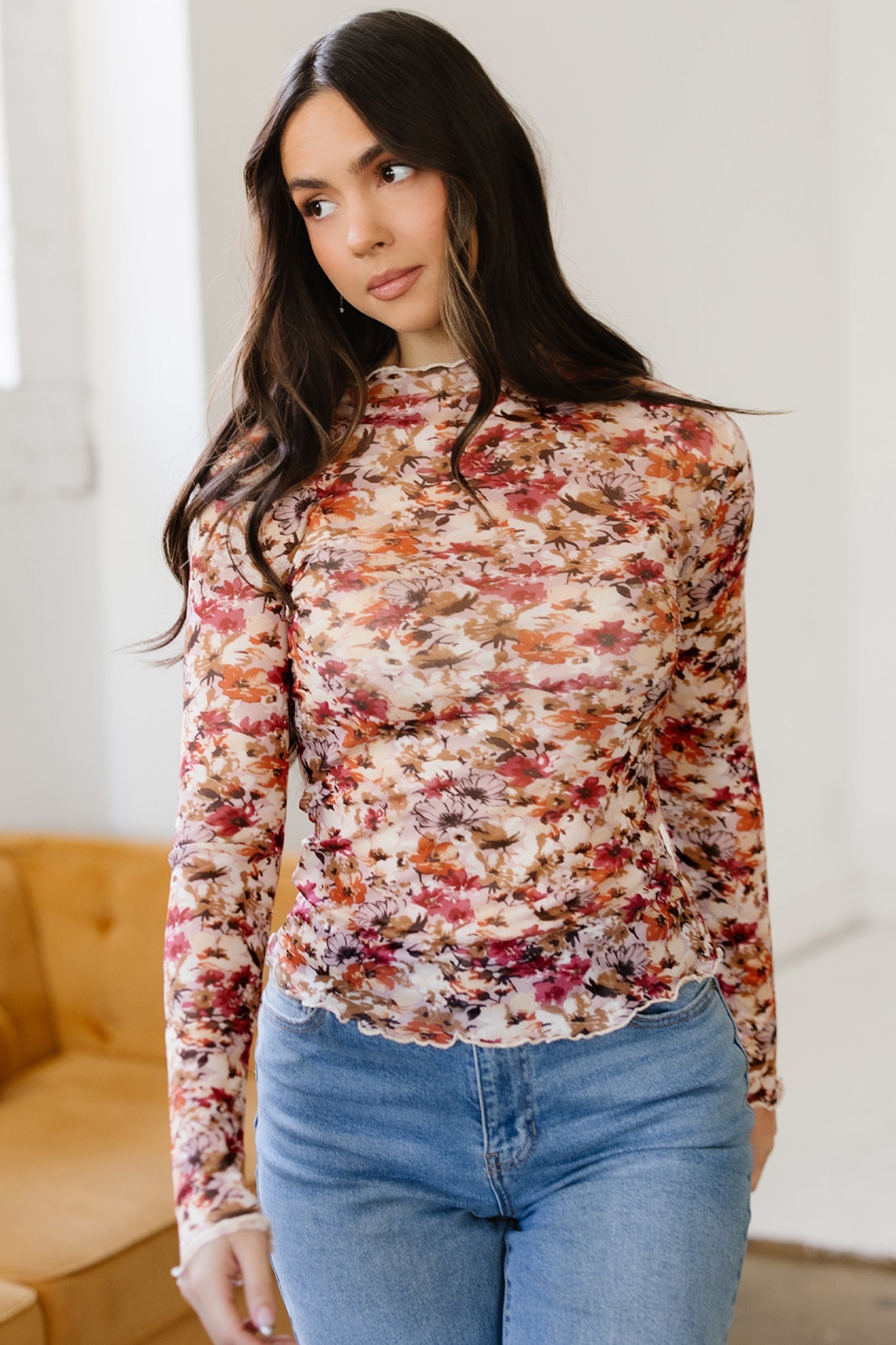 Mesh Long-Sleeved Floral-Print Long-Sleeved Top in Red