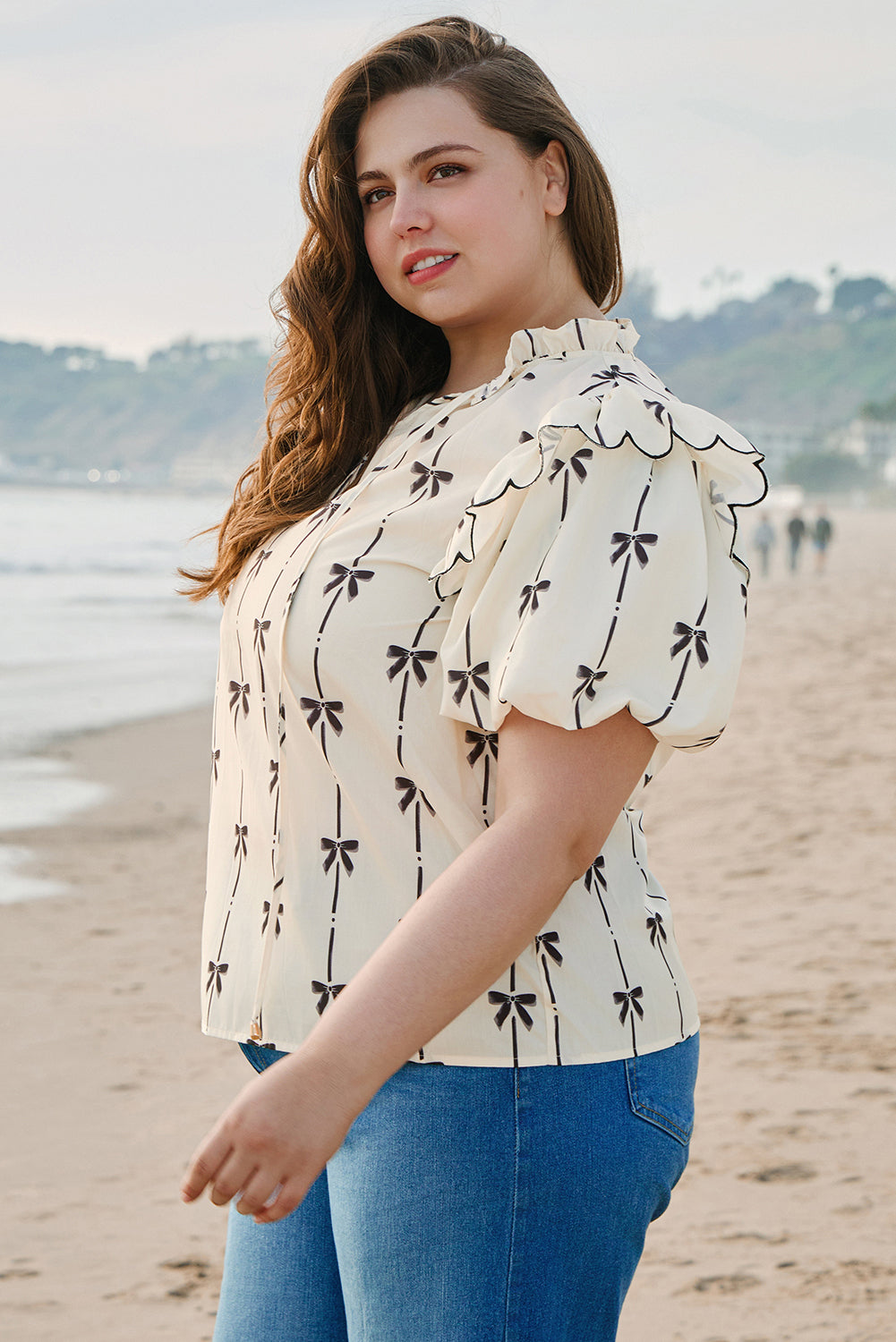 Bow Printed Ruffled Lace-up Notched Neck Plus Size Blouse