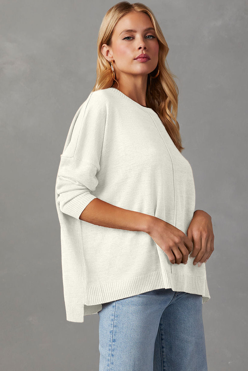 Center Seam Front Seam Drop-Shoulder Pullover Solid Knit Top