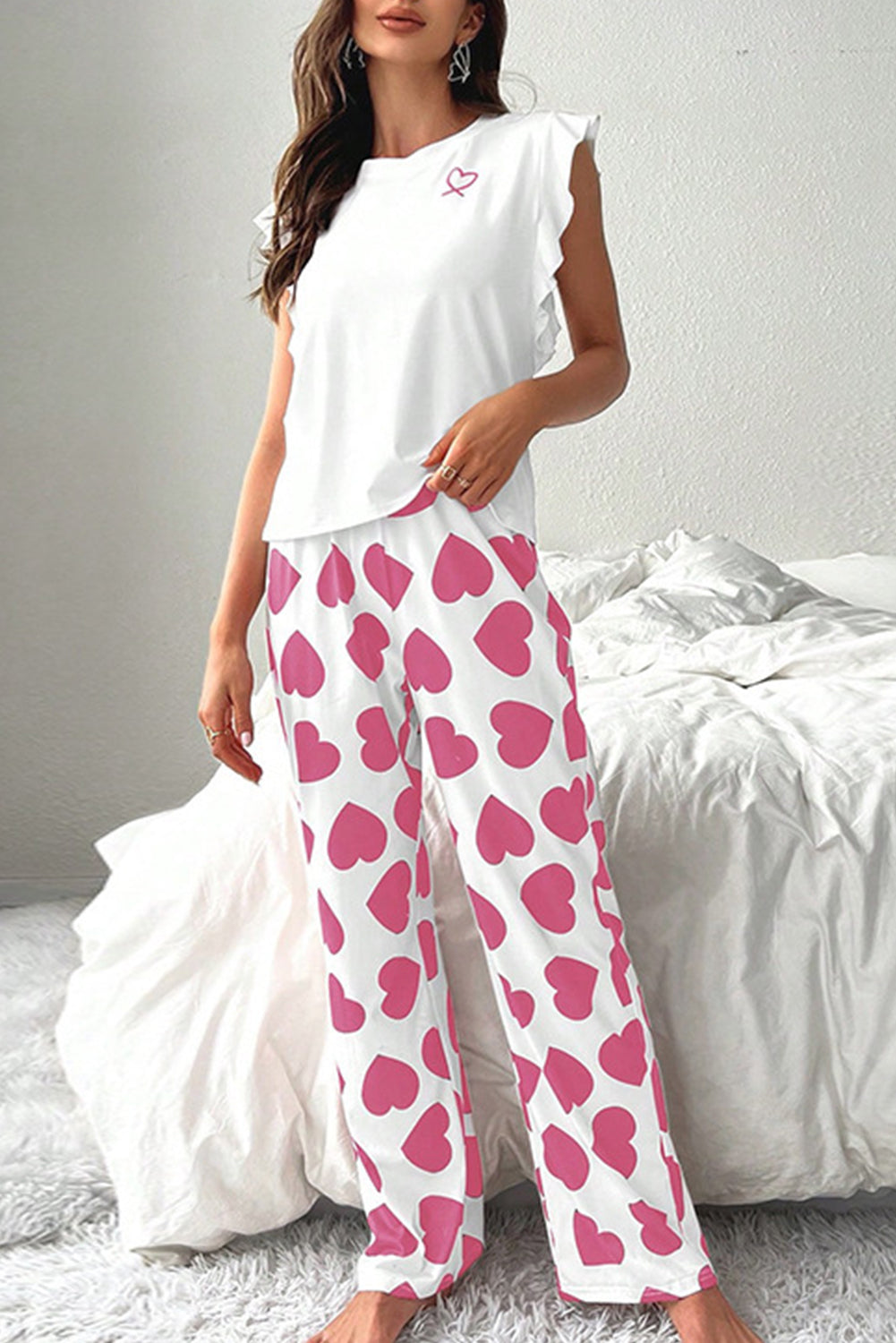 Tank Top Ruffled Top And Heart Print Pants Lounge Set