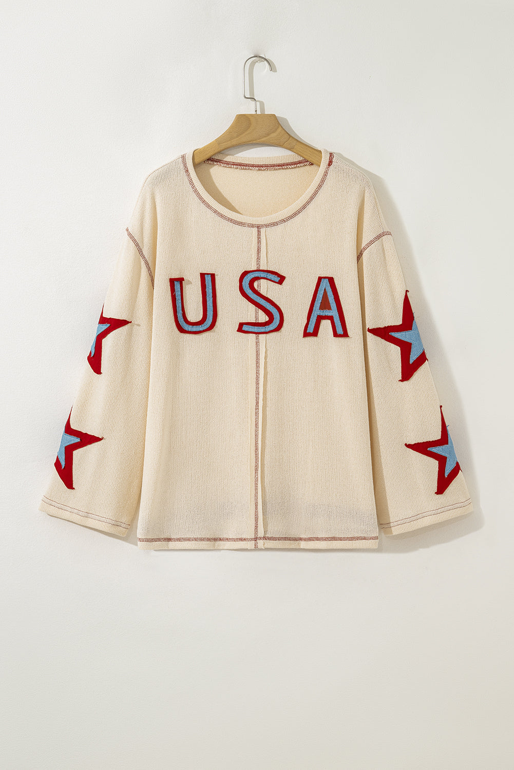 Contrast USA Star Patchwork Long-Sleeved Top in Beige