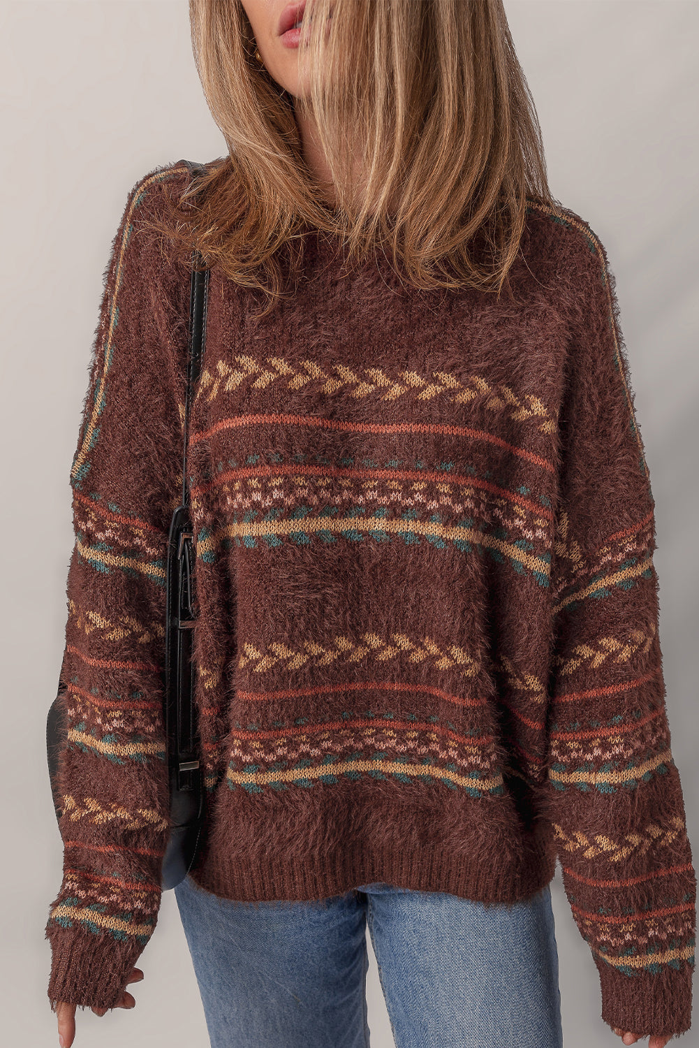Ethnic Knit Pattern Mohair Drop-Shoulder Knit Top