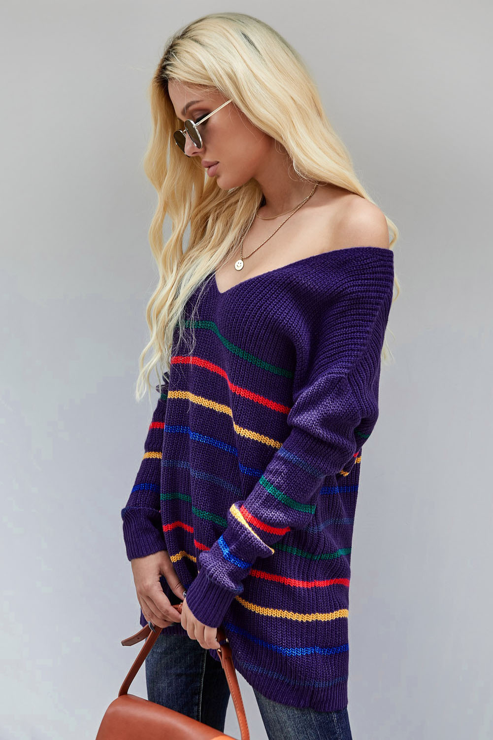 Knit Sweater for Women Blue Striped Loose