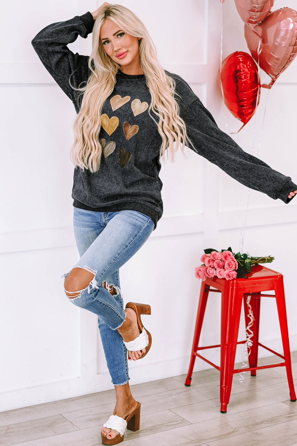 Sweatshirt for Women Valentine Heart Graphic-Print Corded