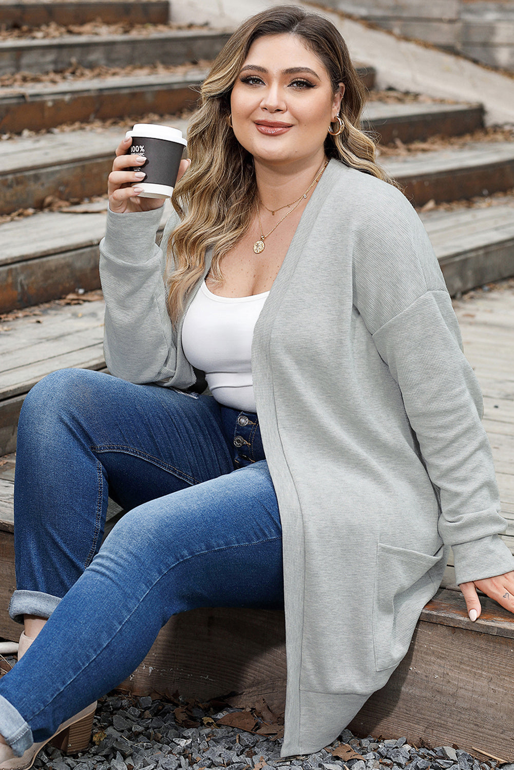 Women's Cardigan Featuring Thermal Knitted Pocket-Detail Plus Size