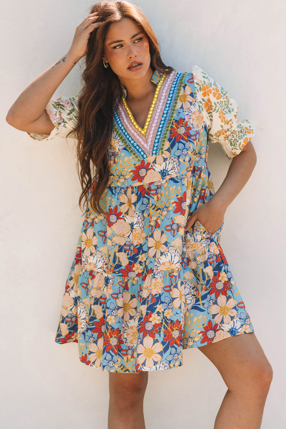 Boho Floral Print Crochet Patchwork V Neck Loose Mini Dress