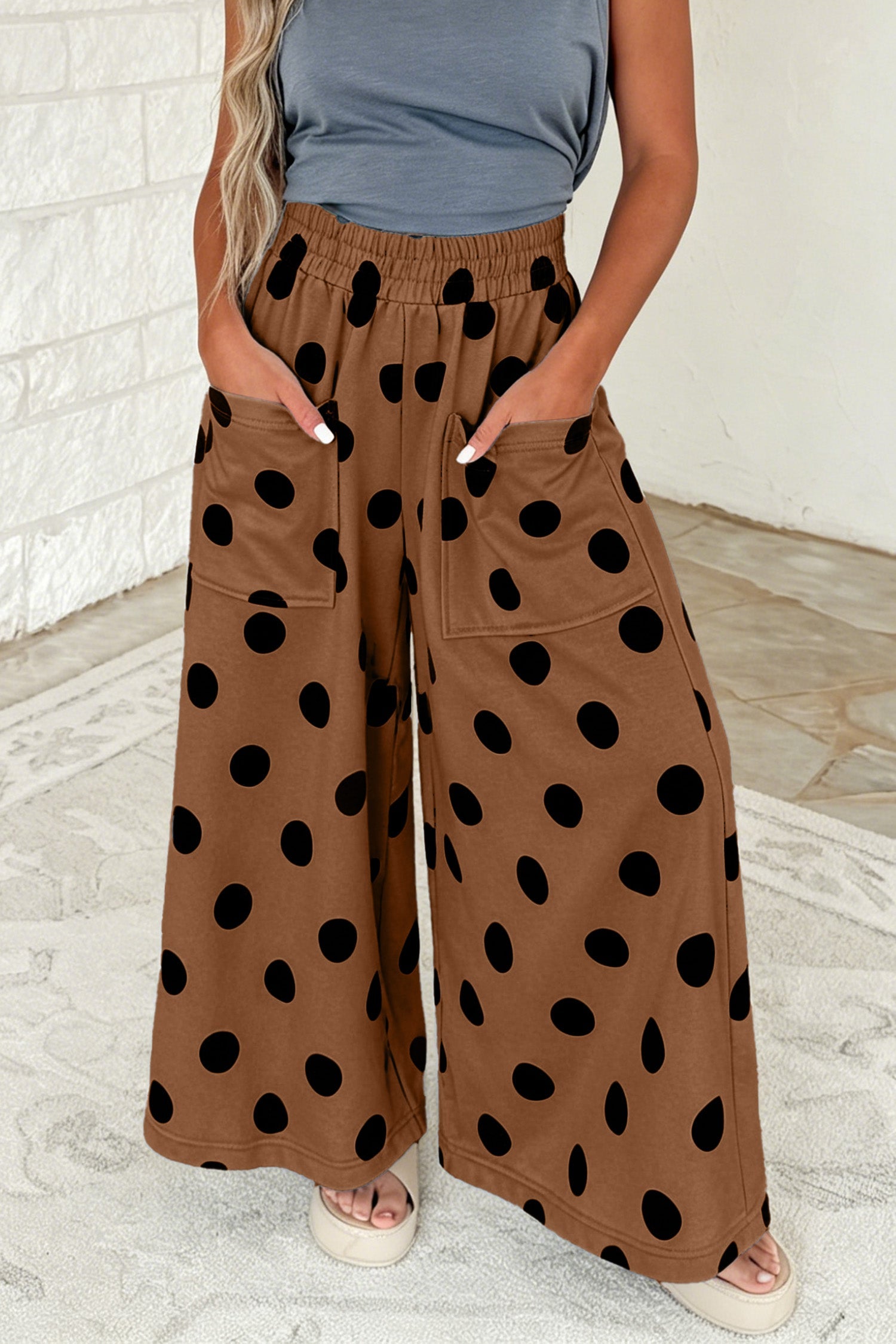 Elastic Polka-Dot Wide-Leg Waist Everyday Pants in Brown