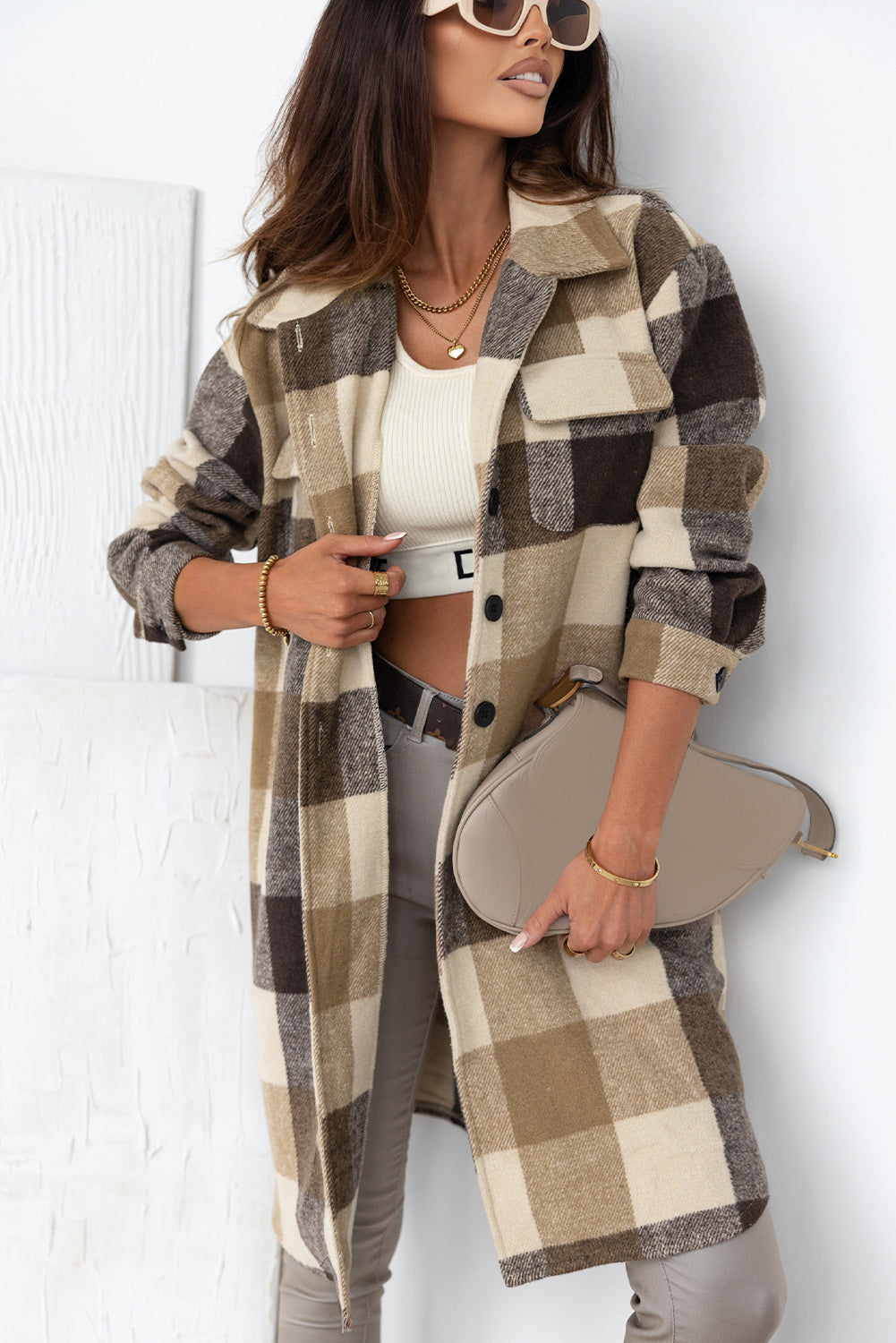 Shacket for Women Pocket Long Plaid Flap