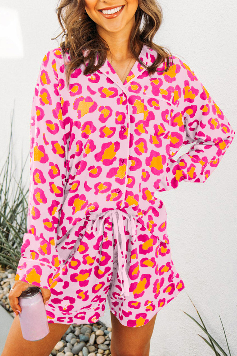 Leopard-Print Long-Sleeved Shirt and Shorts Pajama Set