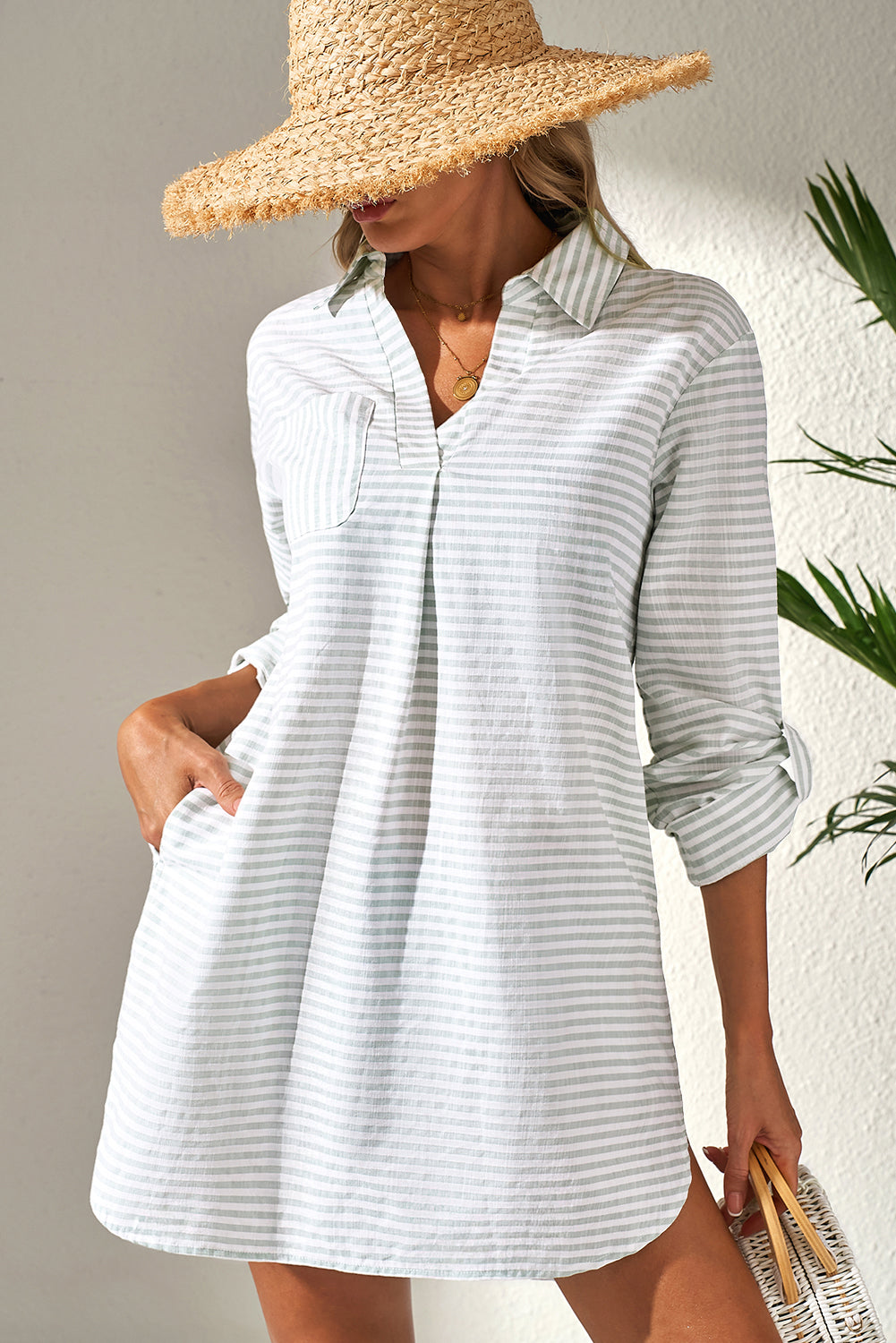 Collared V Neck Long Sleeve Beach Cover up