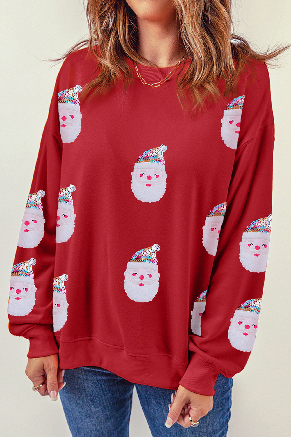 Graphic Sweatshirt for Women Fiery Red Sequined Clause