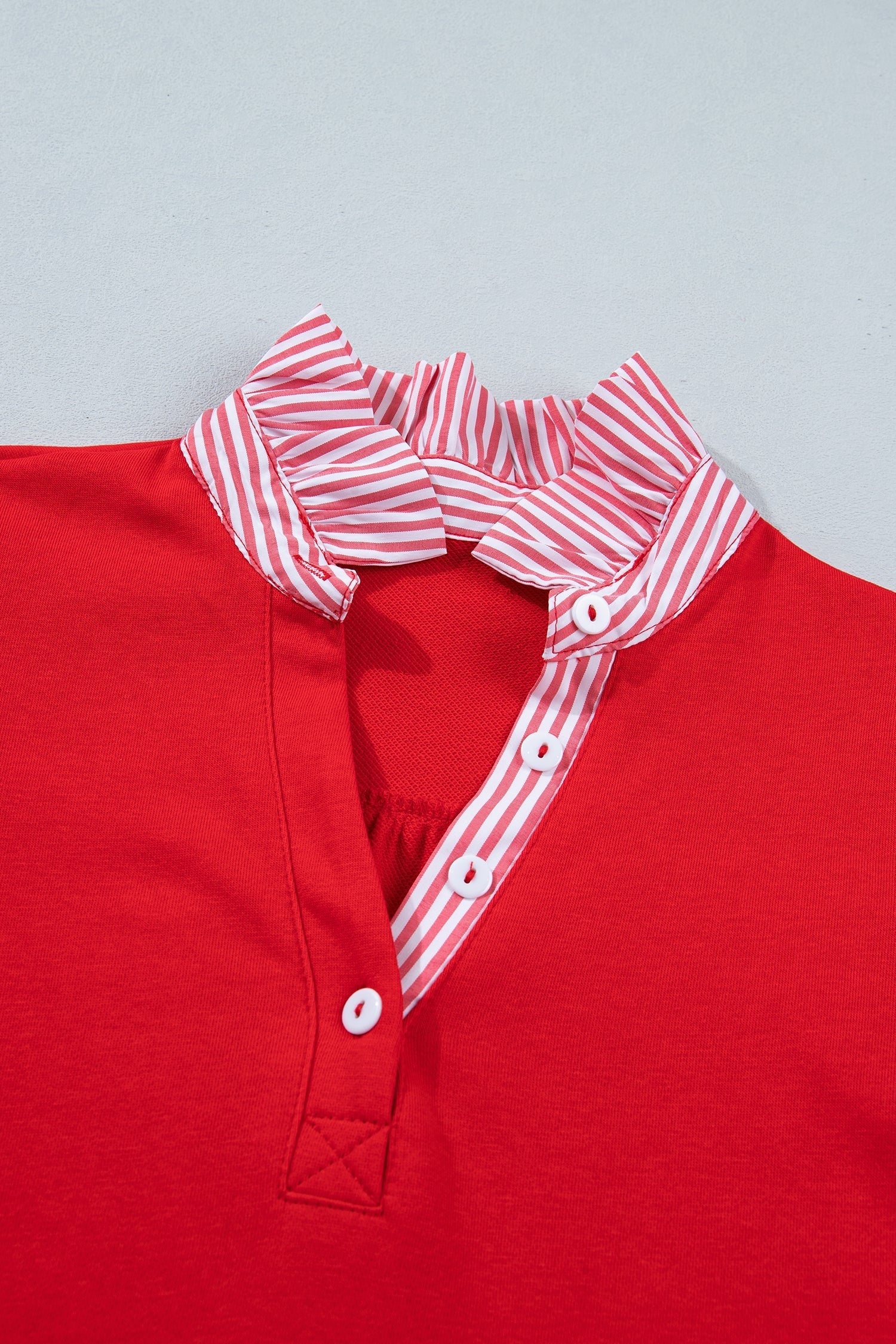 Striped Short-Sleeved Frilled Collar Blouse in Fiery Red