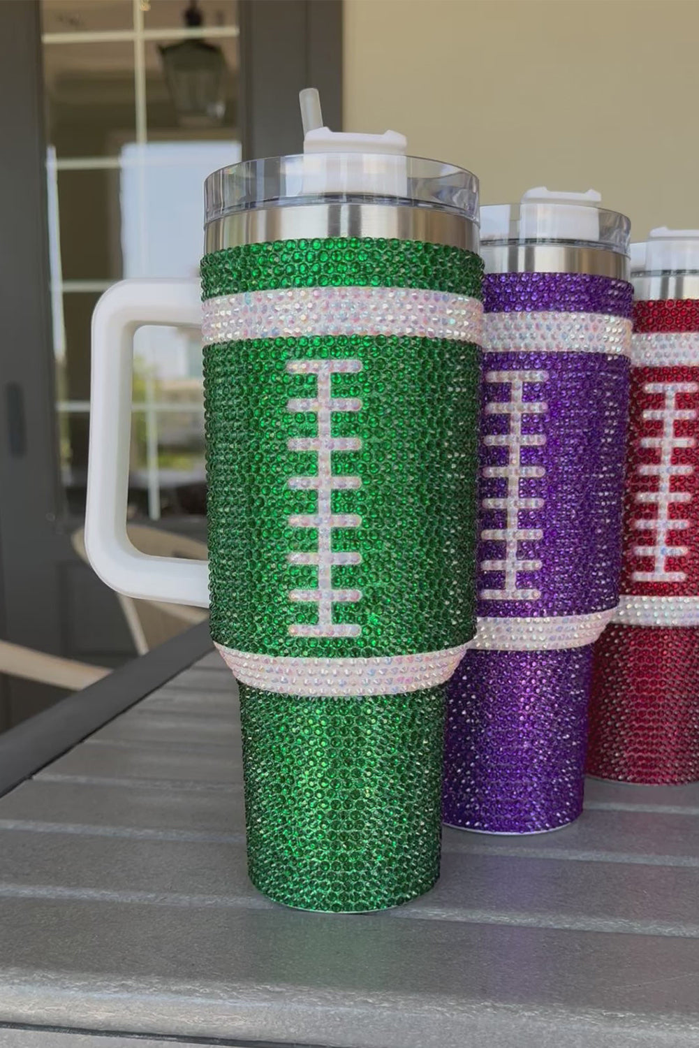 Rugby Football Rhinestone Football Handle Vacuum Cup 40oz Style
