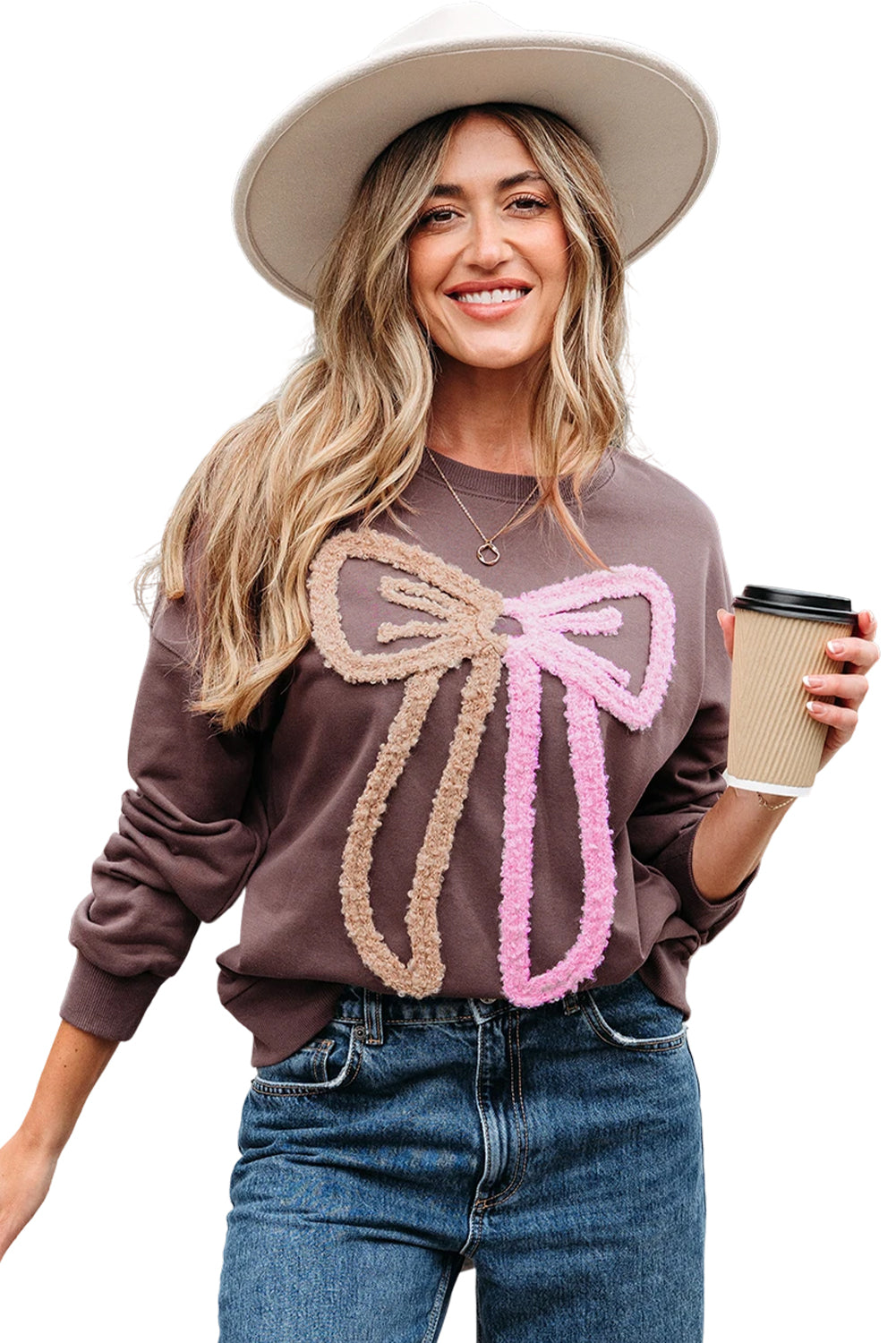Terry Bow Contrast Bow Pattern Drop-Shoulder Sweatshirt