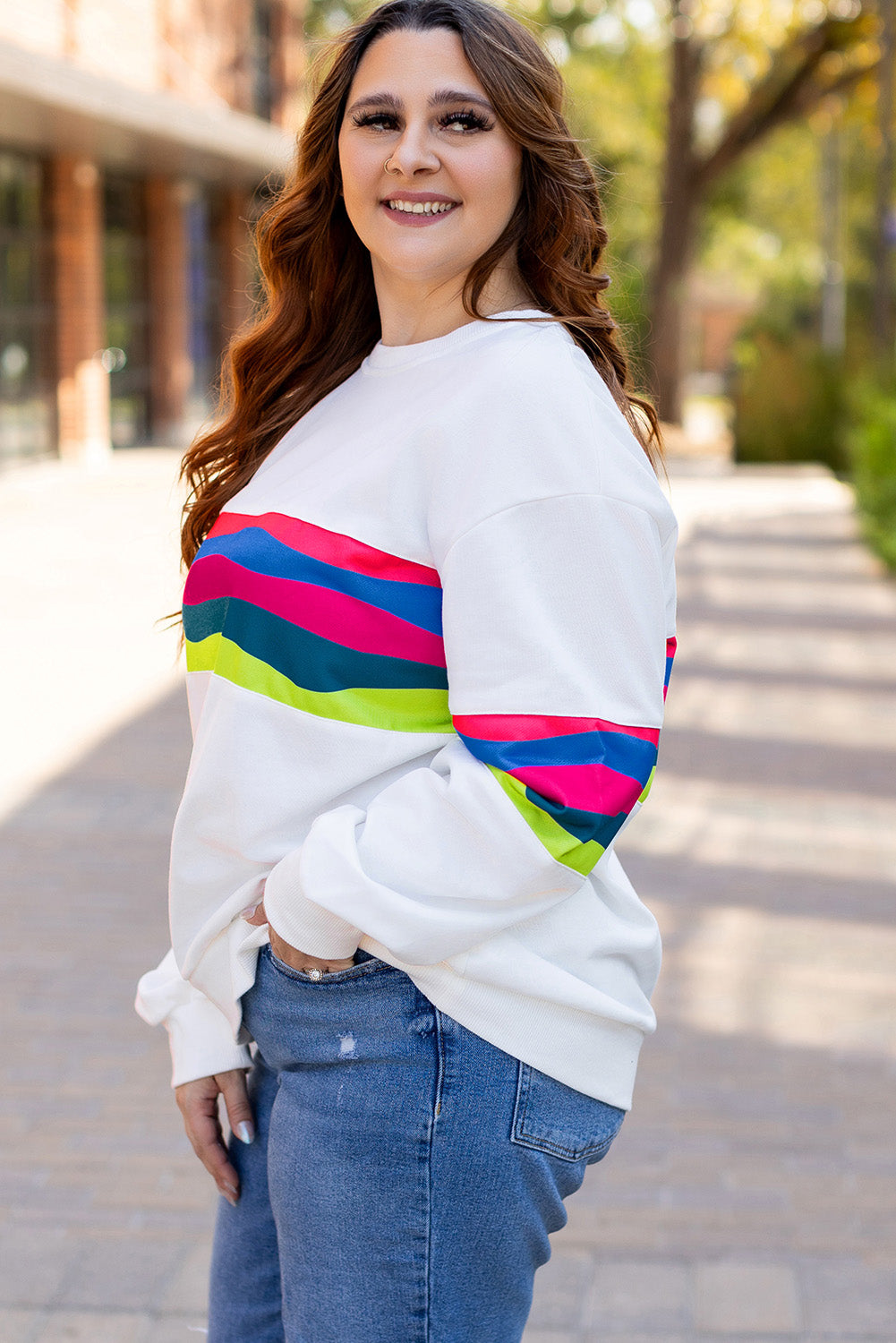 Plus Size Colorful Striped Drop Shoulder Loose Sweatshirt