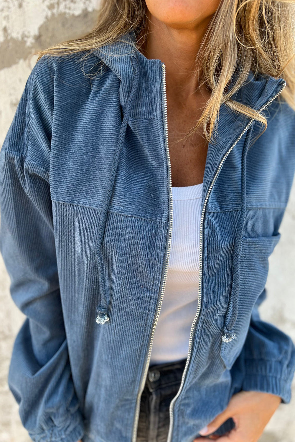 Hooded Corduroy Drawcord Pocket Zip-Front Jacket in Real Teal