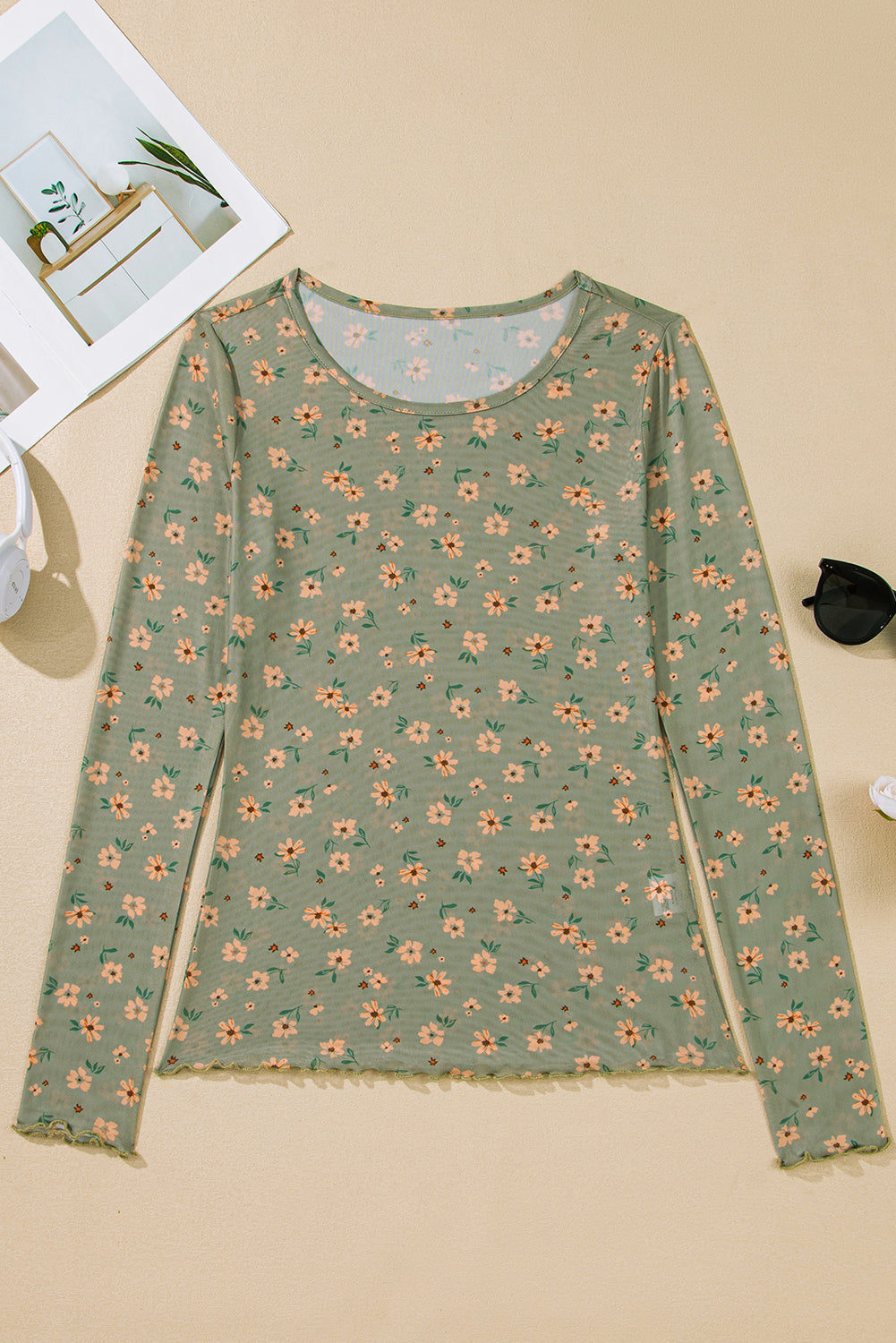 Retro Style Floral-Print Southern Mesh Long-Sleeved Top