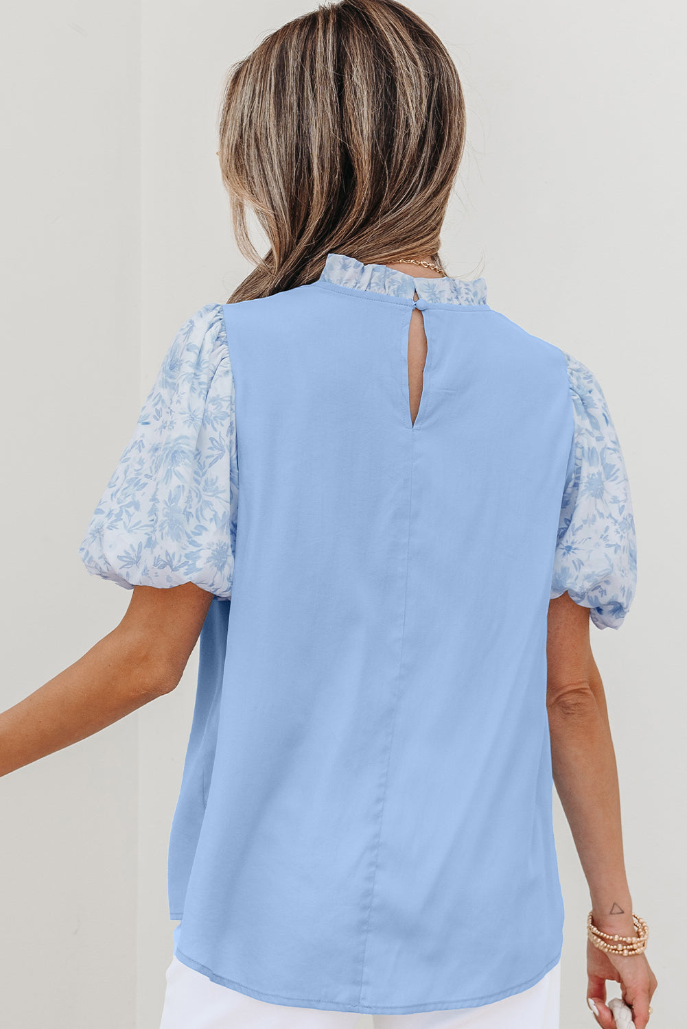 Floral Lace Insert Puff Sleeve Patchwork Loose Blouse