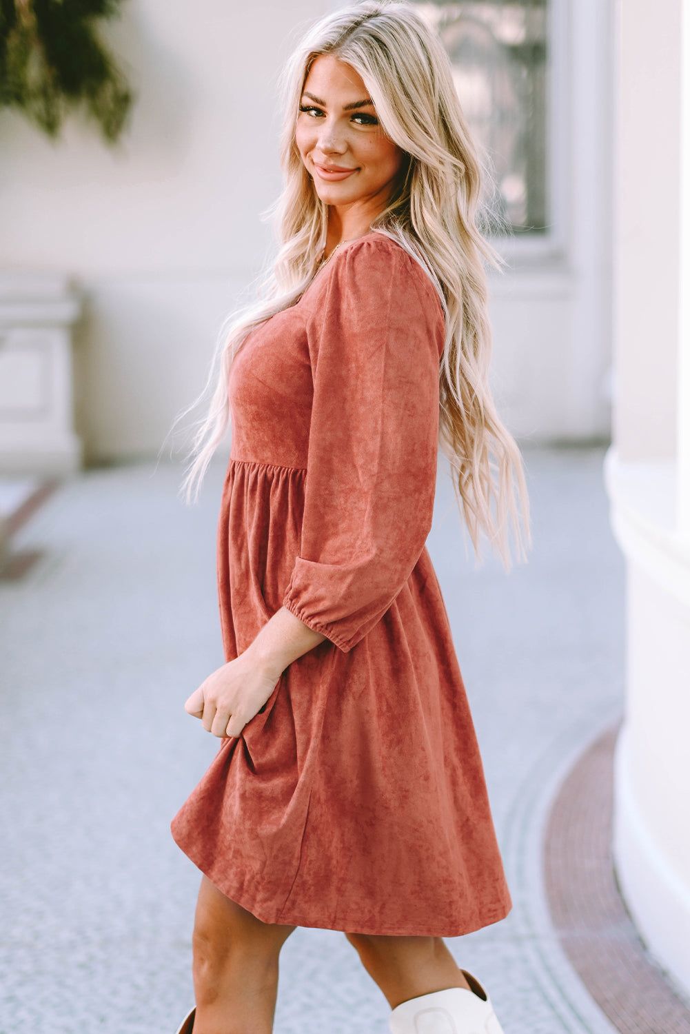 Women's Dress Featuring Sleeve Suede Balloon