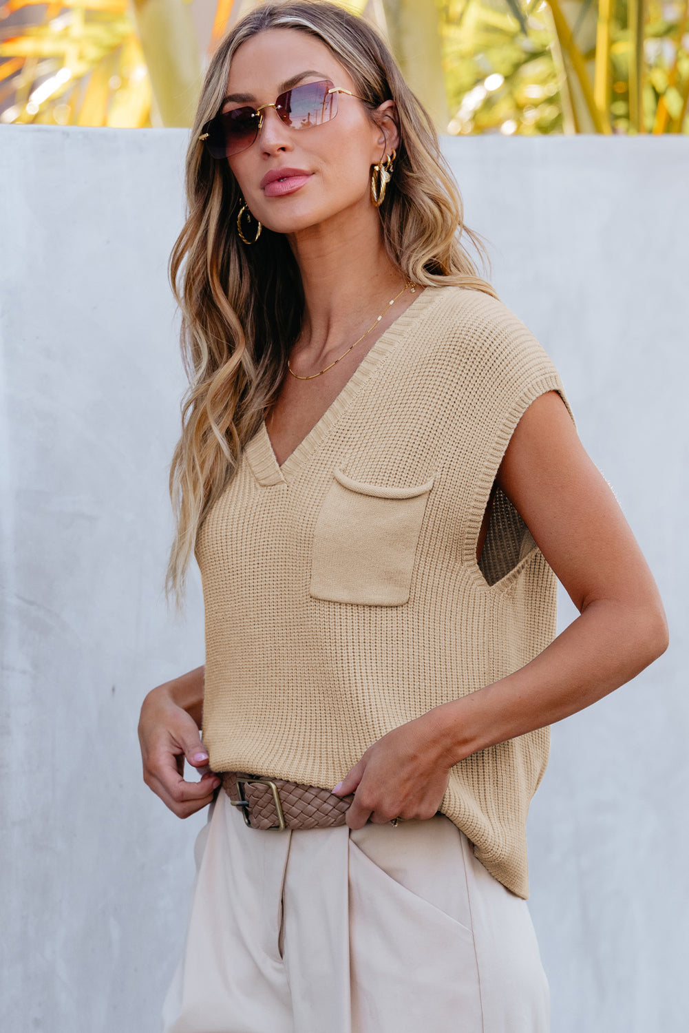 Sweater for Women Rib-Knitted Cap Sleeve Chest V Neck