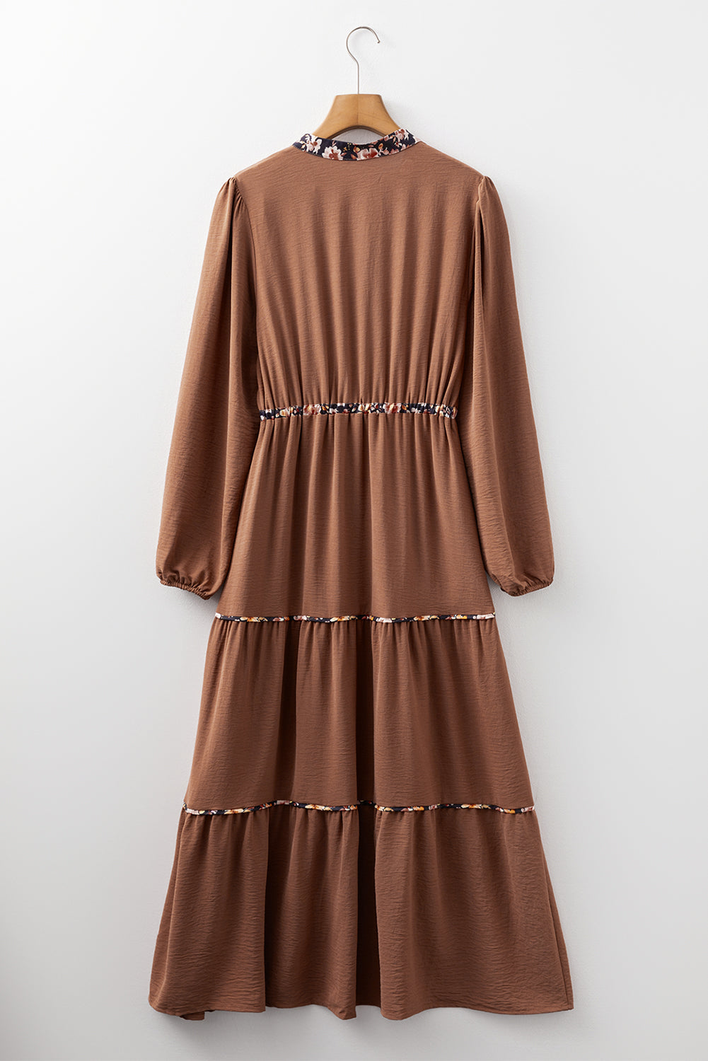 Floral Notched Patchwork Detail Neck Long-Sleeved Maxi Dress