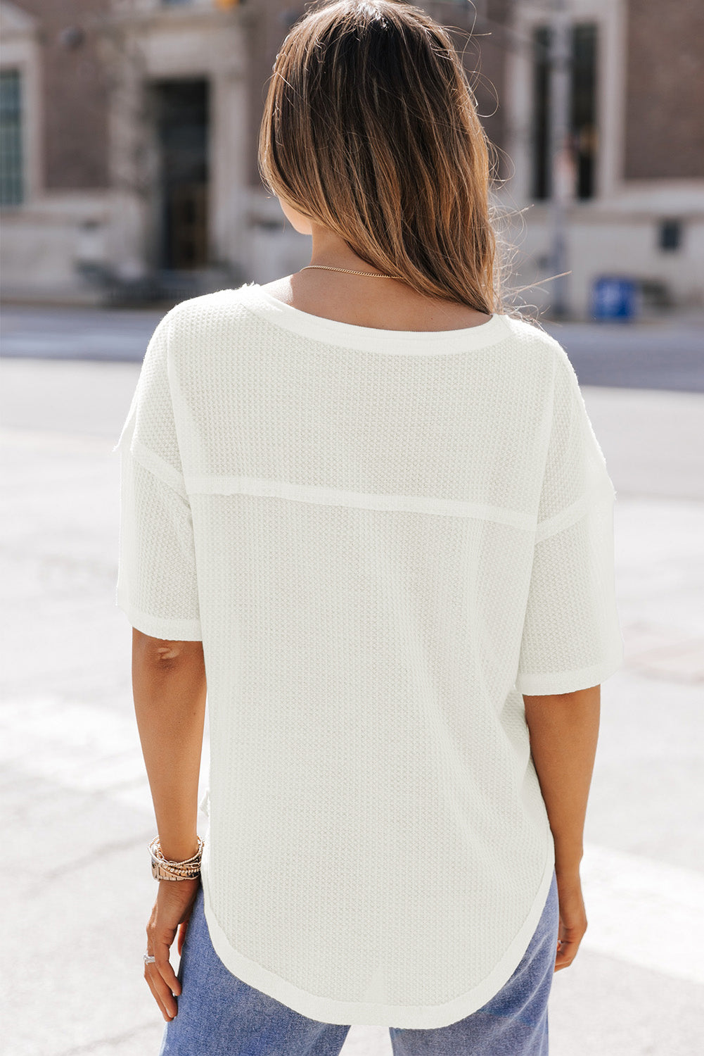 Women's Waffle Knitted Dropped-Shoulder Loose Top