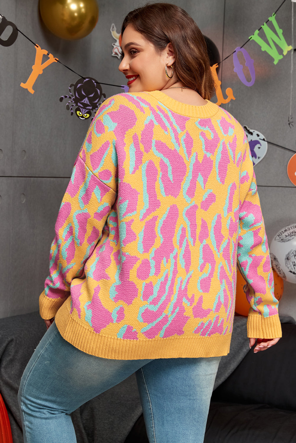 Women's Trim Plus Size Leopard-Print Rib-Knitted Sweater