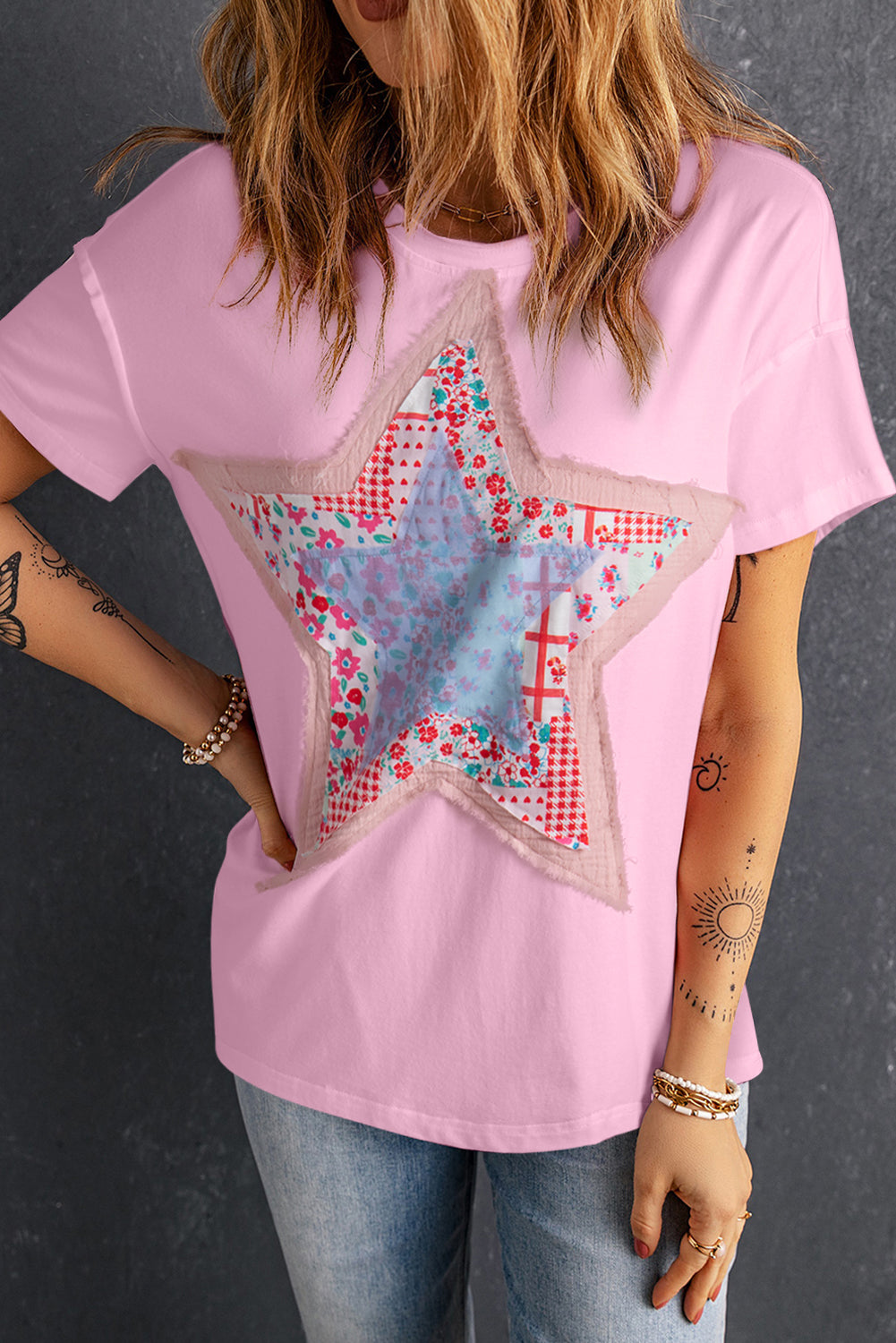 Women's T-shirt with Star Patchwork Loose Everyday Style
