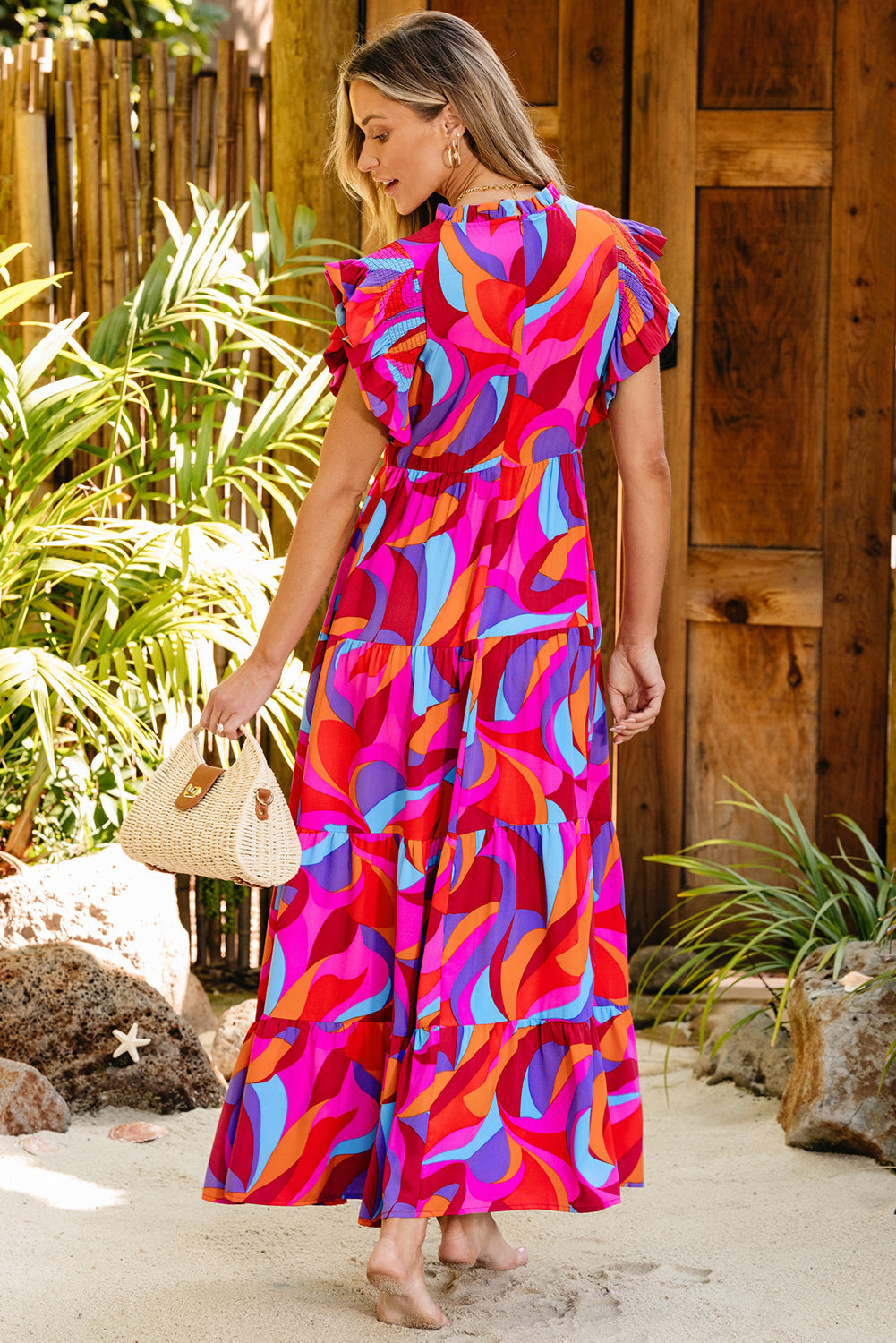 Women's Layered Long High-Rise Ruffle-Trimmed Dress