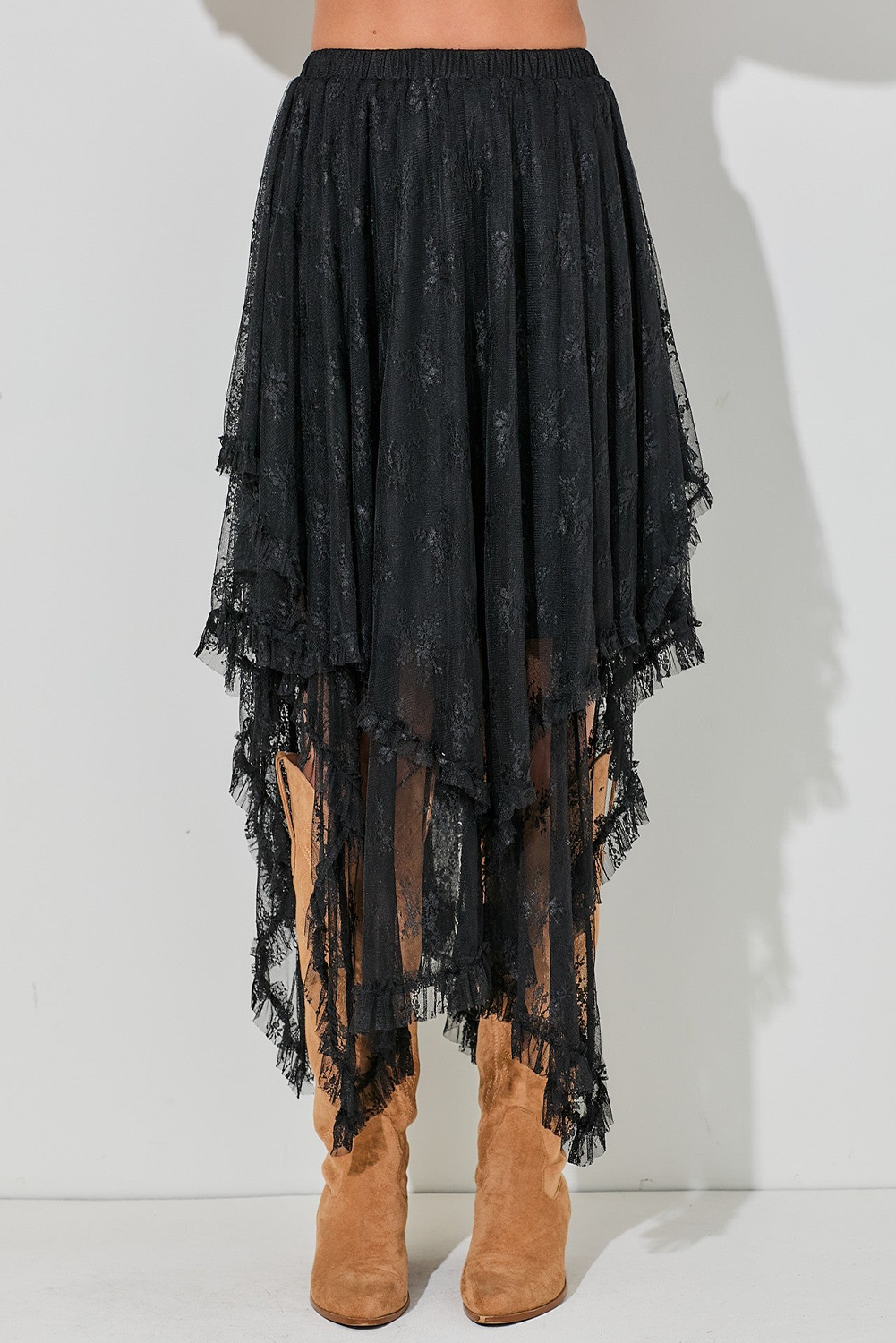 Lace High-Waisted Cascading Tiered Maxi Skirt in Black