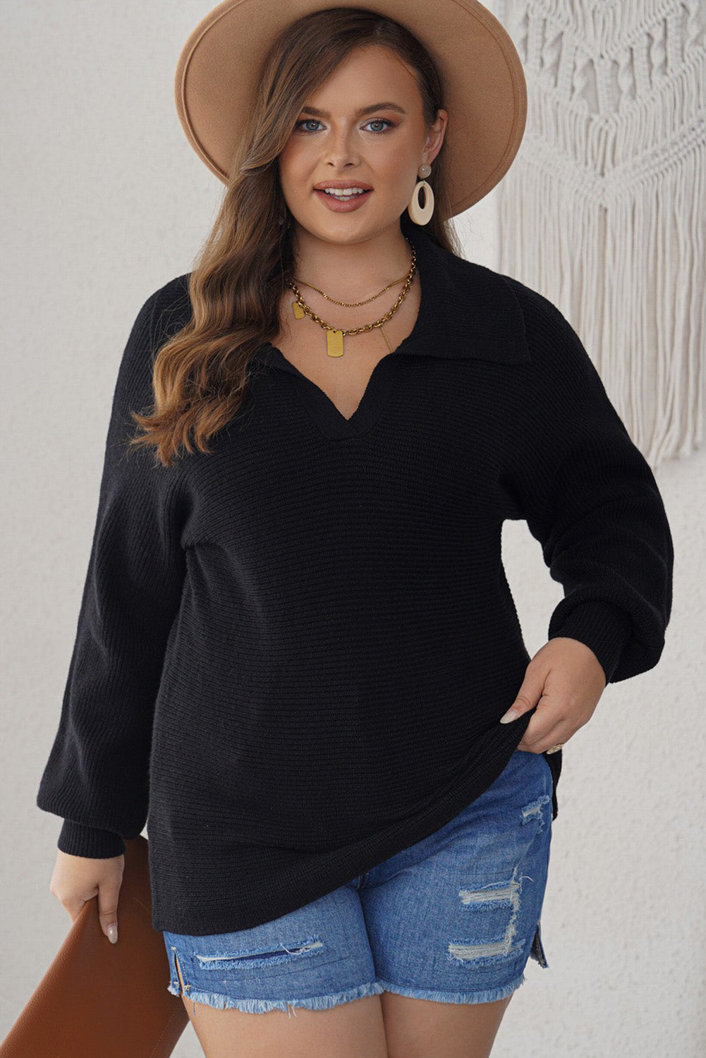 Women's Knitted Lapel Collar Curvy Rib-Knitted Sweater