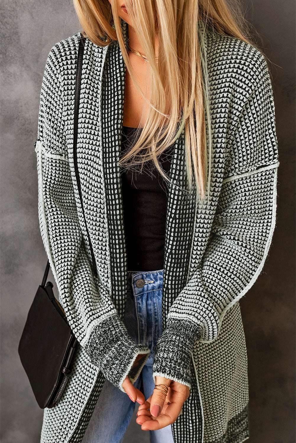 Women's Cardigan with Plaid Knitted Long Open Front Gray