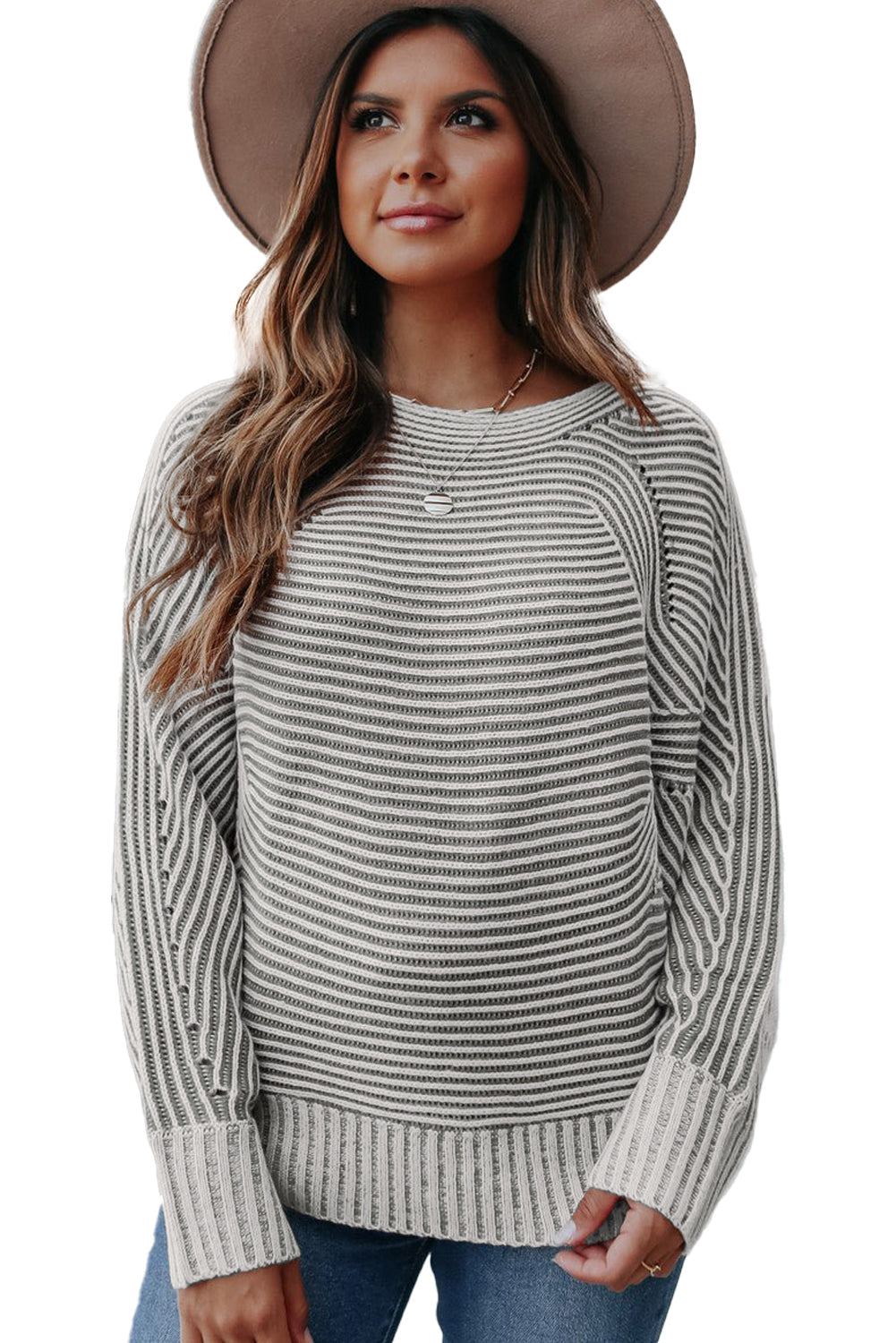 Striped Print Rib-Knit Knit Boat Neck Baggy Knit Top