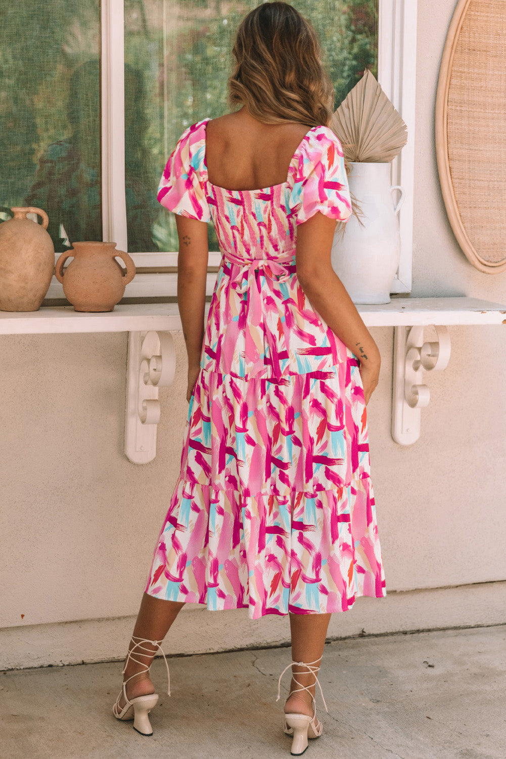 Brush Stroke Printed Smocked Ruffle Tiered Dress