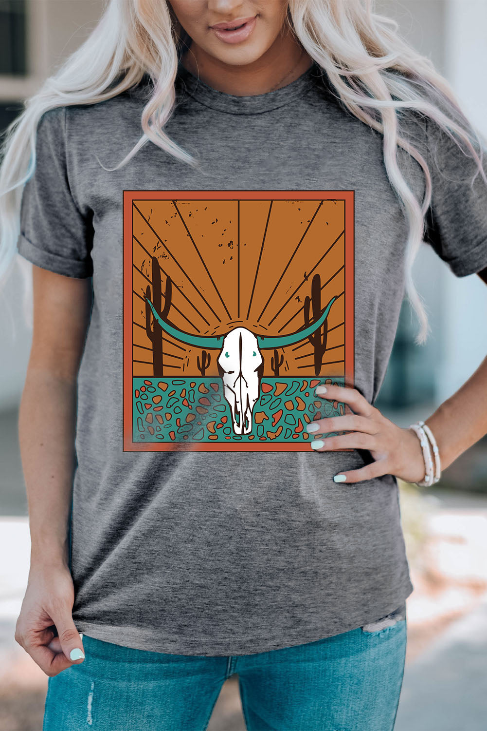 Women's Crew Neck Western Steer Skull Graphic-Print T Shirt