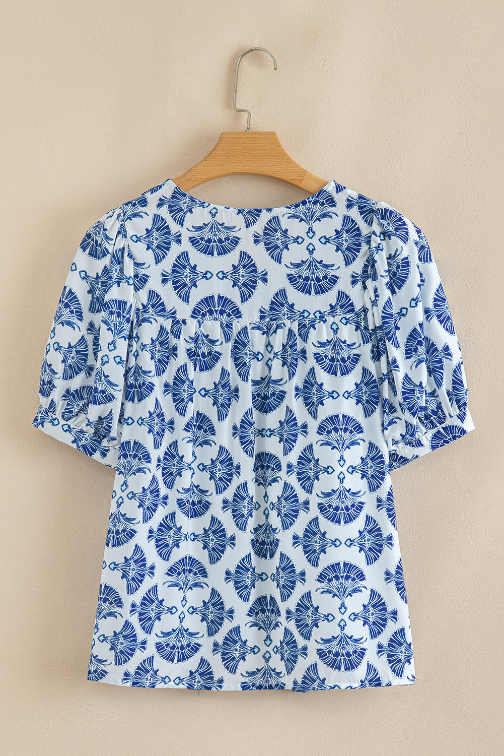 Geometric Drawcord Print Tassel V-Neck Blouse