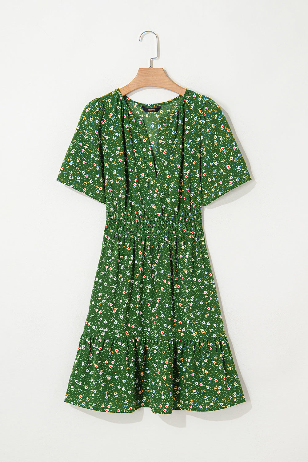 Floral-Print High Wrap V-Neck Waistband Mini Dress in Green