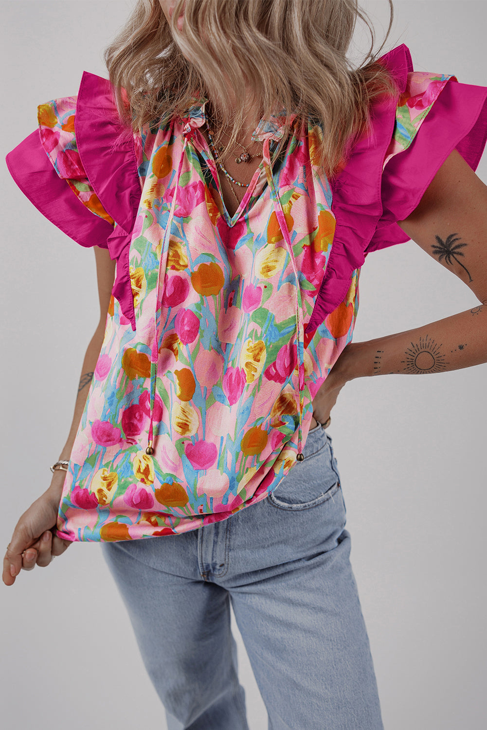 Pink Floral Layered Ruffle Flutter Sleeve Blouse