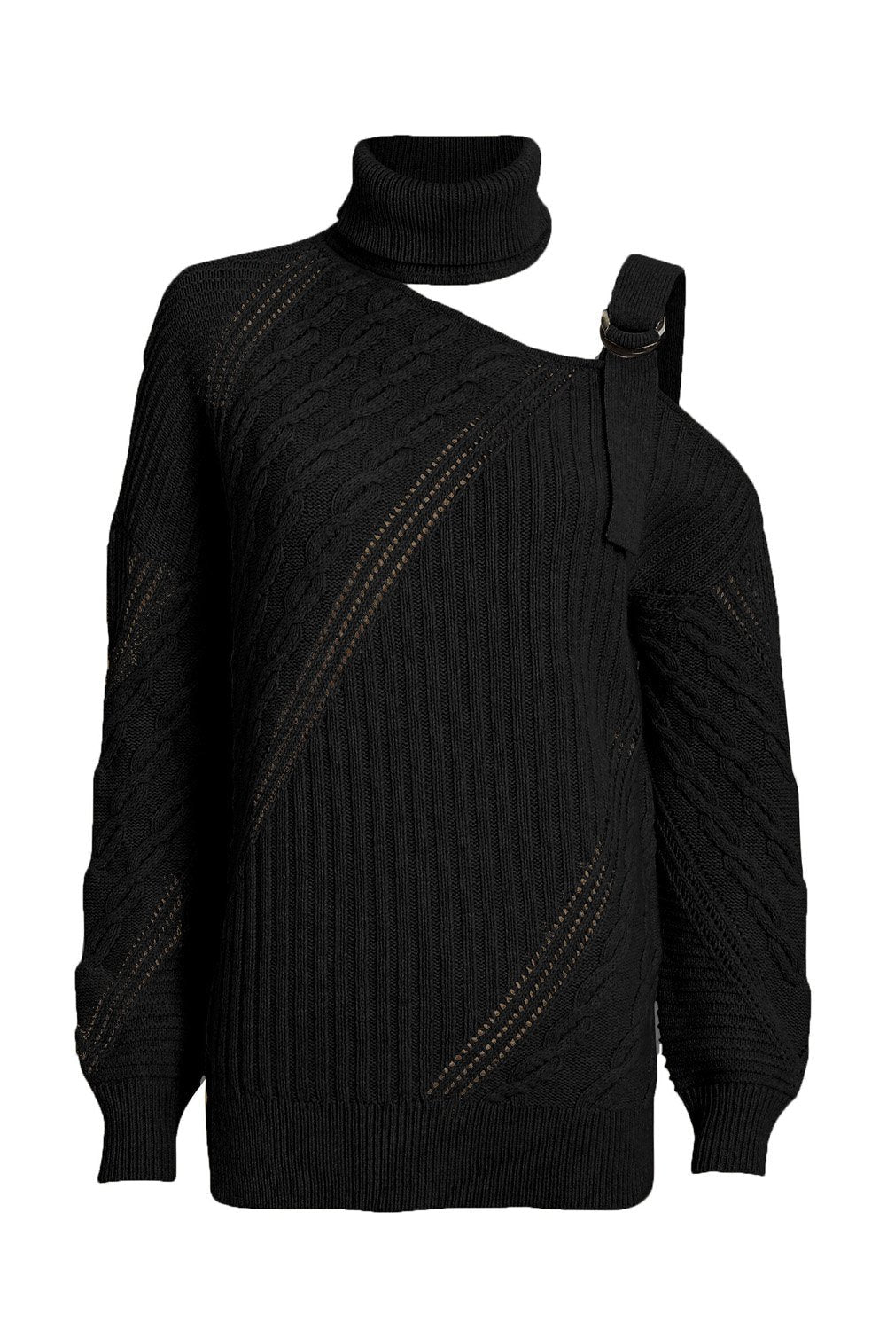 Women's Turtleneck Sweater with Winter Black Strapped Cut out Shoulder